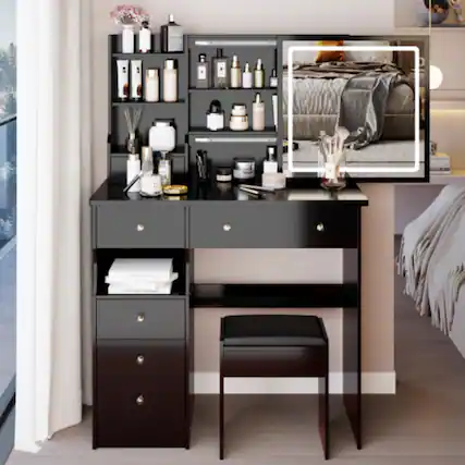 Front. LUCKY ONE - 37in Freestanding Vanity Set with Sliding LED Mirror, Stool and Drawers for Bedroom - Black.