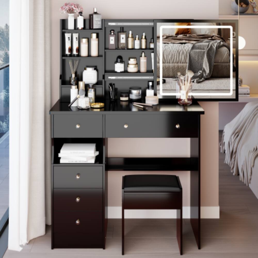 Front. LUCKY ONE - 37in Freestanding Vanity Set with Sliding LED Mirror, Stool and Drawers for Bedroom - Black.