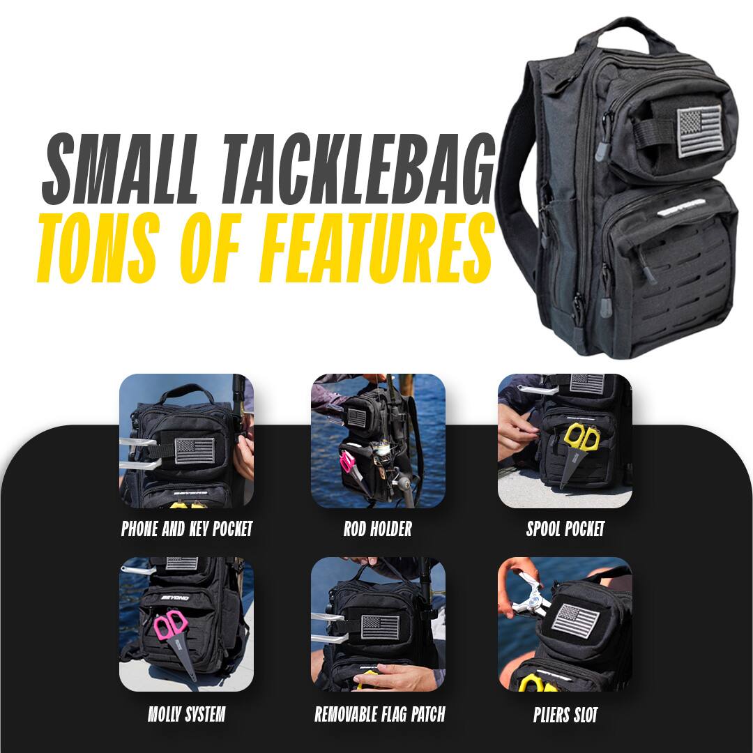 SMALL TACKLEBAG  
TONS OF FEATURES

- PHONE AND KEY POCKET
- ROD HOLDER
- SPOOL POCKET
- MOLLY SYSTEM
- REMOVABLE FLAG PATCH
- PLIERS SLOT