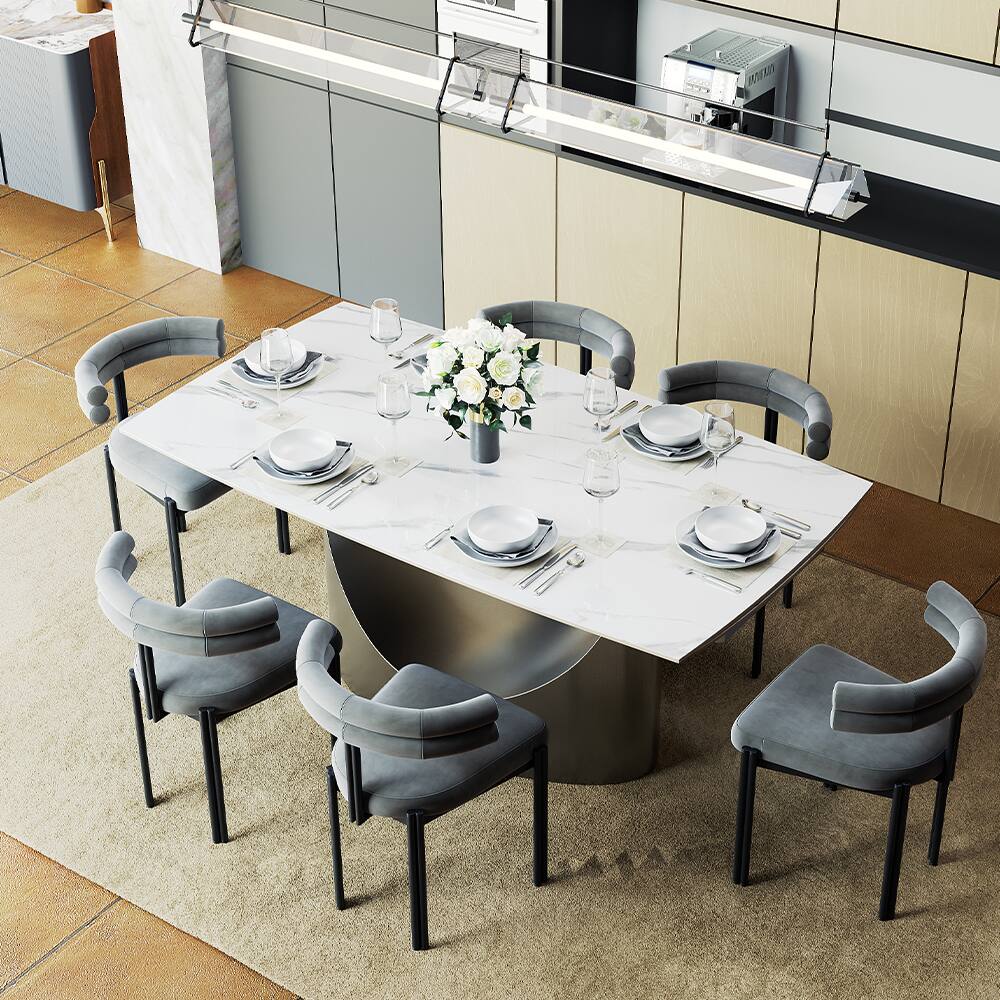 Alt View 6. POVISON - 71"-95"Extendable Modern White Dining Table for 6-10, Rectangular Glossy Sintered Stone Tabletop, Gray Carbon Steel Leg - Glossy White Sintered Stone with Gray.
