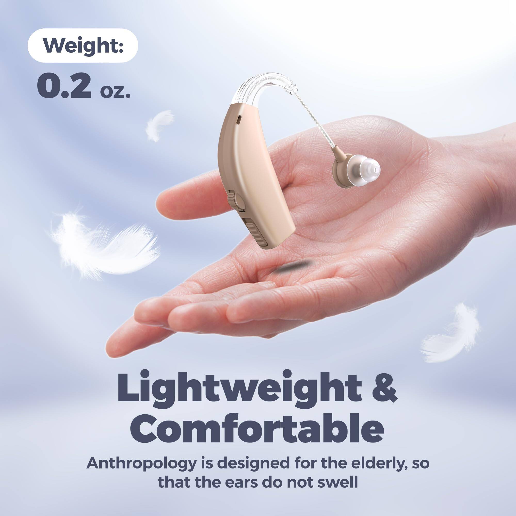 Weight: 0.2 oz.

Lightweight & Comfortable

Anthropology is designed for the elderly, so that the ears do not swell.