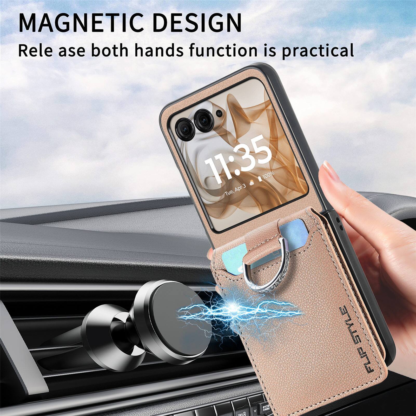 MAGNETIC DESIGN  
Release both hands function is practical  

11:35  
100%  
Tue, Apr 3  

STYLE  
FLIP