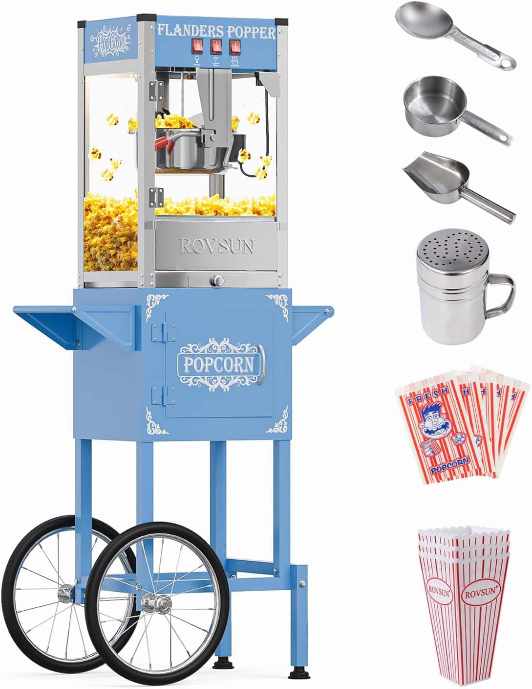 Winado - 850W Popcorn Machine Movie Theater Style with Cart & Wheels, 8 Ounce Kettle Makes Up to 32 Cups Popcorn Maker - Blue