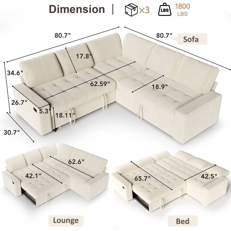 Dimension | x3 LBS 1800 LBS 80.7" 80.7" Sofa 17.8" 34.6" 62.59" 18.9" 26.7" 5.3" 18.11" 30.7" 62.6" 42.1" 65.7" 42.5" Lounge Bed