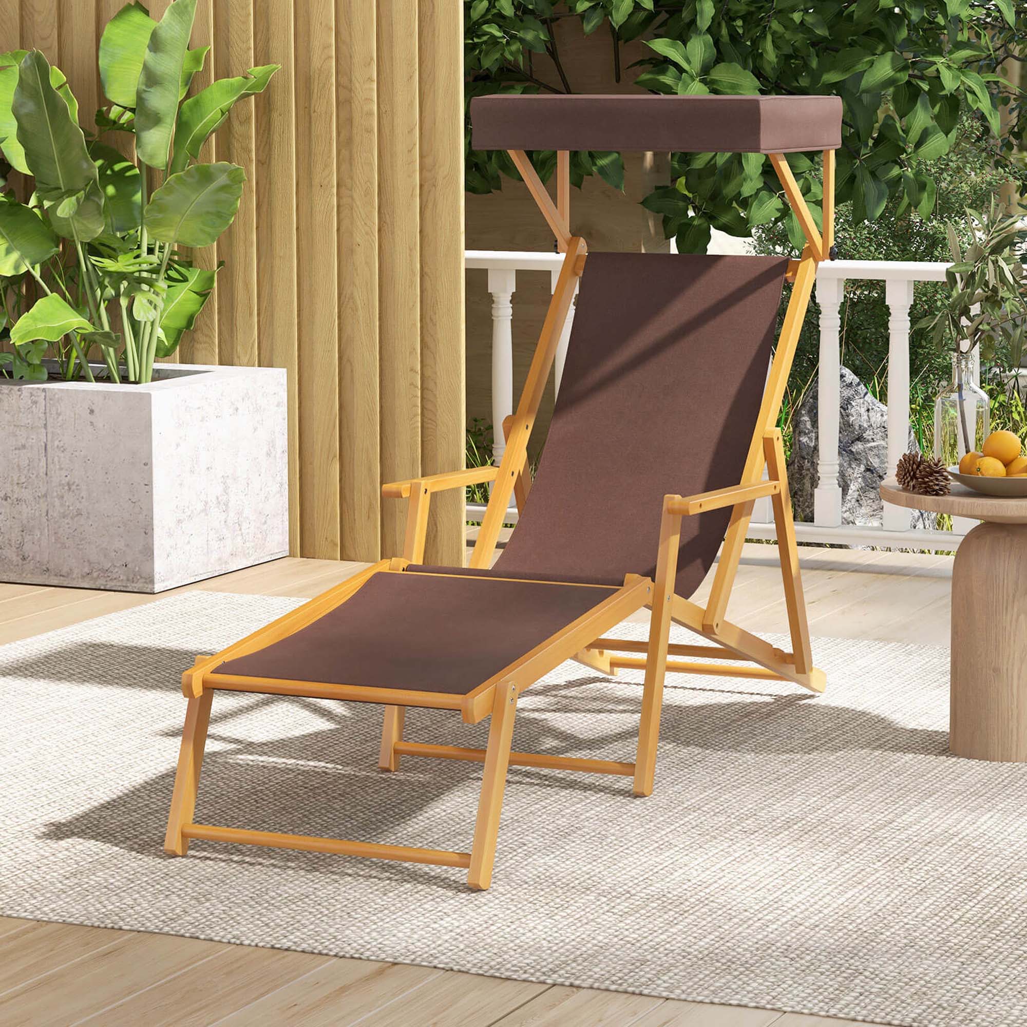 Alt View 1. Costway - Costway Birch Wood Chaise Lounge Chair with Adjustable Canopy Reclining Backrest & Footrest - Brown.
