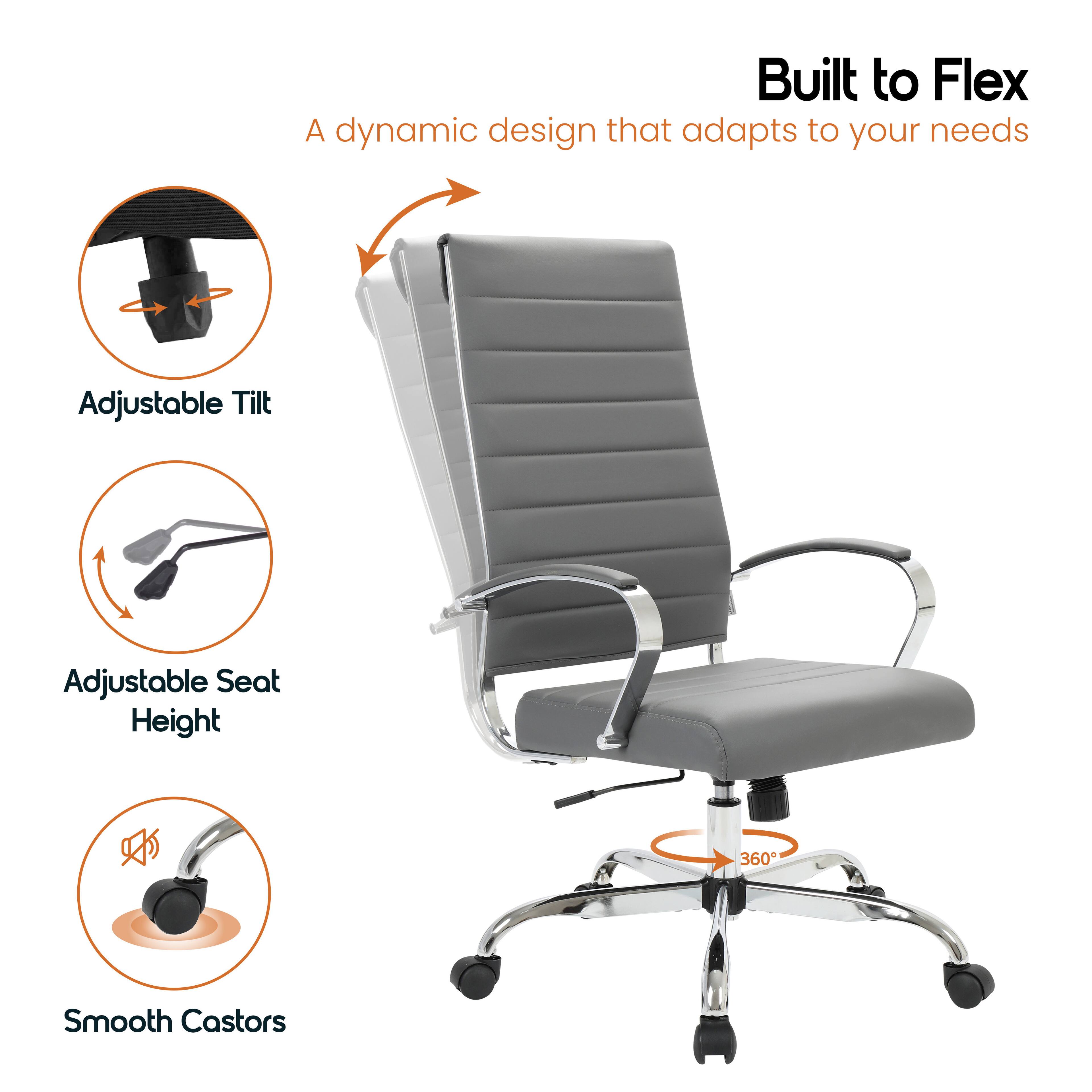 Built to Flex  
A dynamic design that adapts to your needs  
- Adjustable Tilt  
- Adjustable Seat Height  
- 360° Smooth Castors
