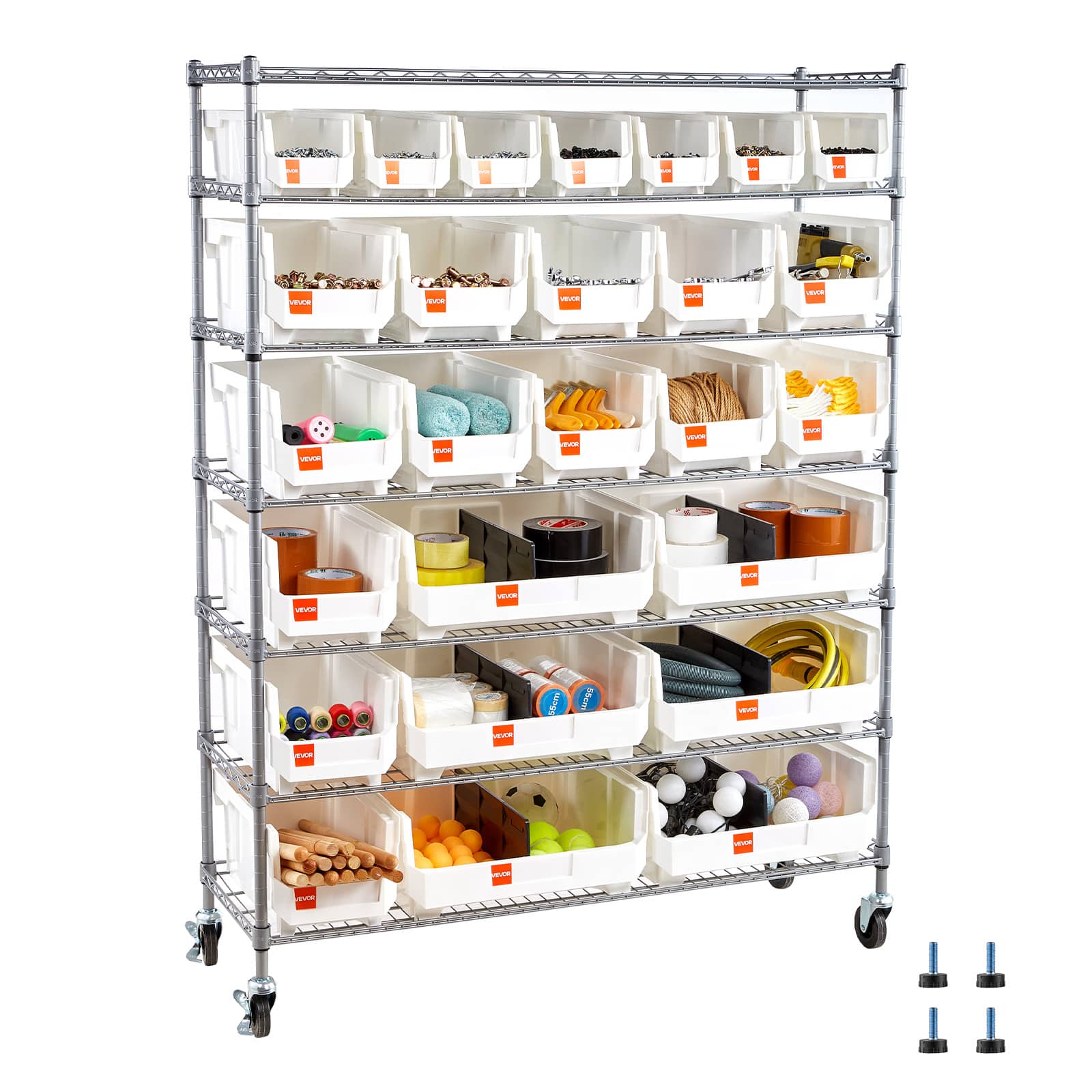 VEVOR - 7-Tier Rolling Bin Storage Rack, 26 Organizer Bins, Bin Rack Storage Steel Wire Shelving System with Wheels - Silver