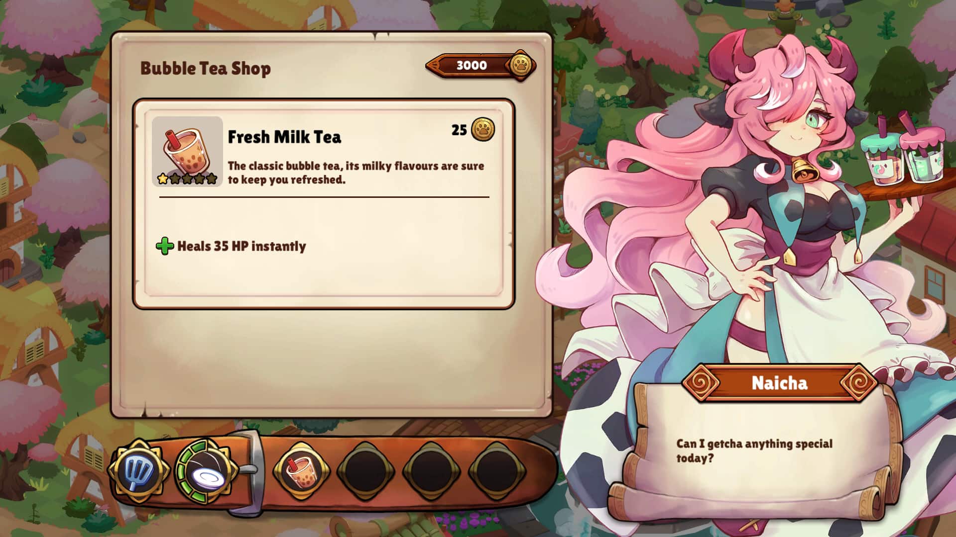 Bubble Tea Shop 3000 Fresh Milk Tea 25 The classic bubble tea, its milky flavors are sure to keep you refreshed. + Heals 35 HP instantly Naicha Can I getcha anything special today?