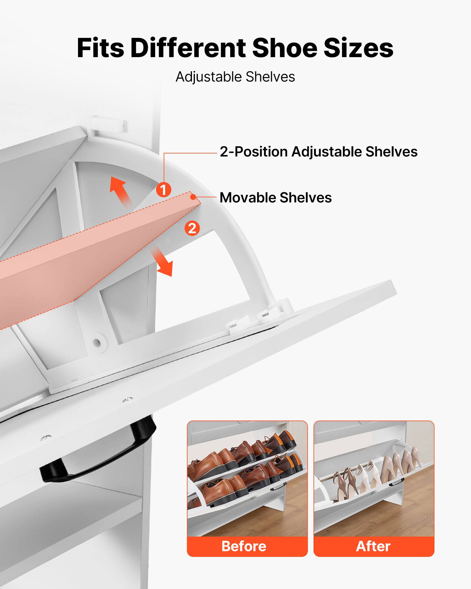 Fits Different Shoe Sizes  
Adjustable Shelves  
2-Position Adjustable Shelves  
1 Movable Shelves  
2  
Before  
After