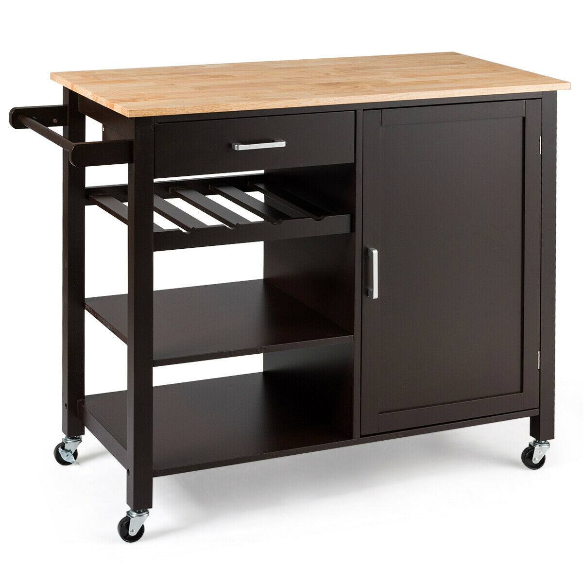Alt View 8. Gymax - Gymax 4-Tier Wood Kitchen Island Trolley Cart Storage Cabinet w/ Wine Rack & Drawer - Brown.