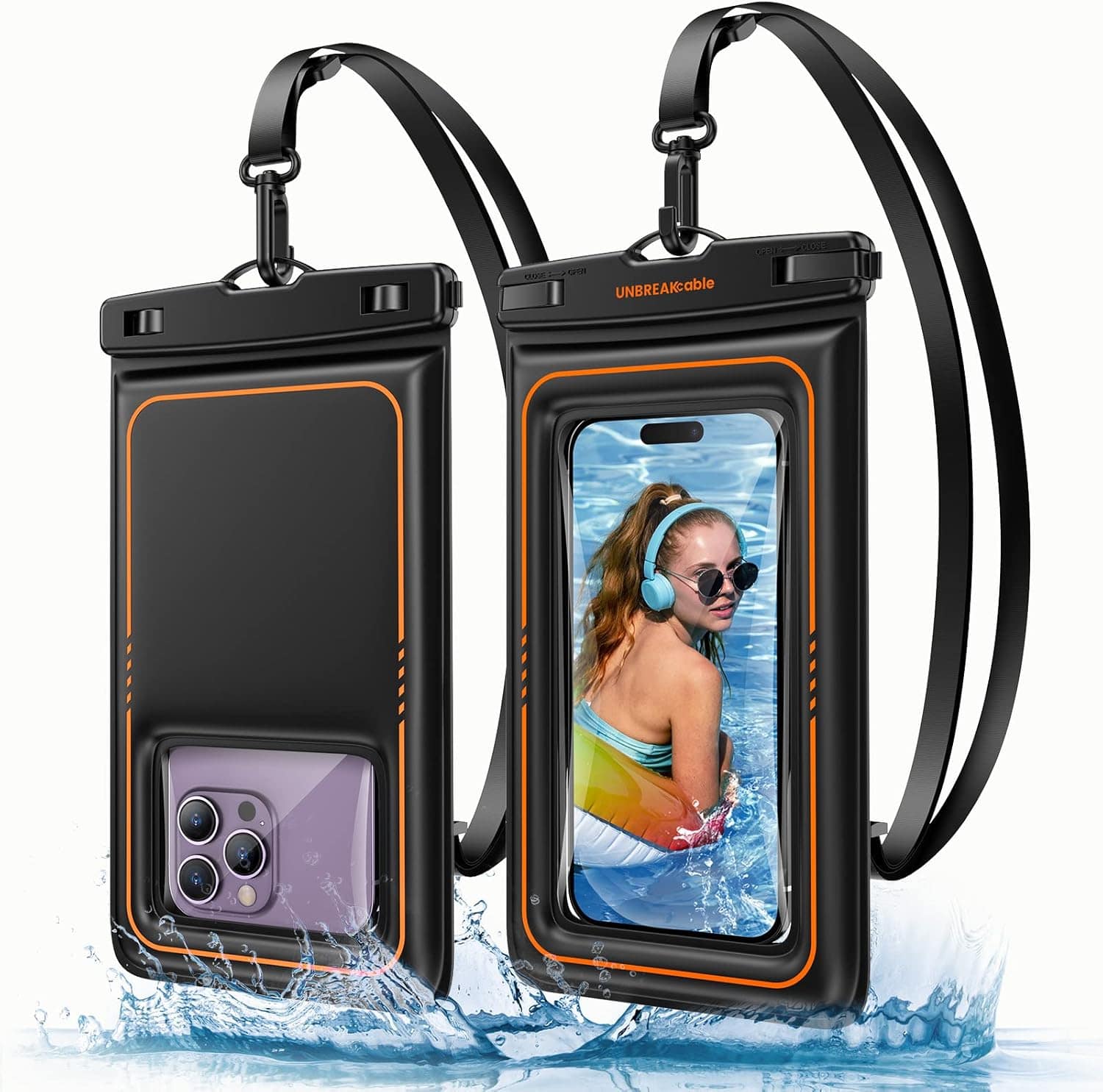 UNBREAKcable - Waterproof Phone Pouch 2-Pack, Floating IPX8 Dry Bag Case with Lanyard, Fits Phones Up to 7 Inches - Black