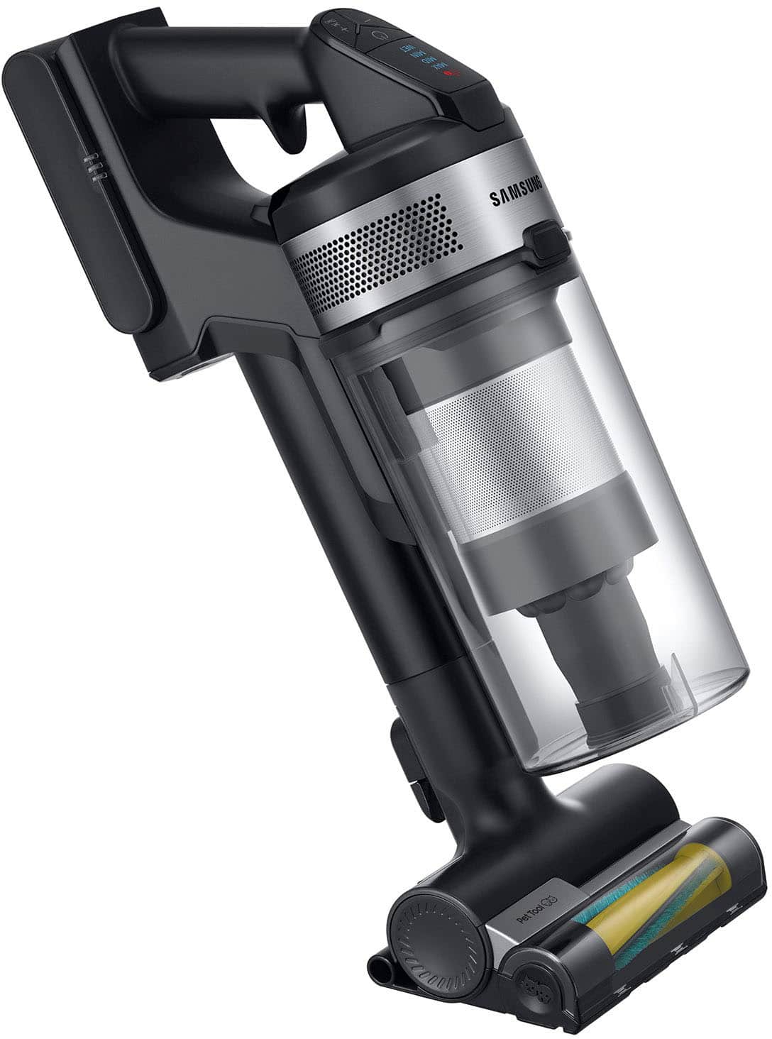 The image features a Samsung vacuum cleaner with a clear canister. The vacuum is designed to be used on carpets and hard surfaces, making it a versatile tool for maintaining cleanliness in various settings. The vacuum's clear canister allows for easy visibility of the contents being vacuumed, providing a convenient way to monitor the cleaning process. The vacuum is also equipped with a hose, which can be used for reaching tight spaces or corners that may be difficult to clean with the main body of the vacuum. Overall, the Samsung vacuum cleaner is a powerful and efficient tool for keeping your home or workplace clean and tidy.