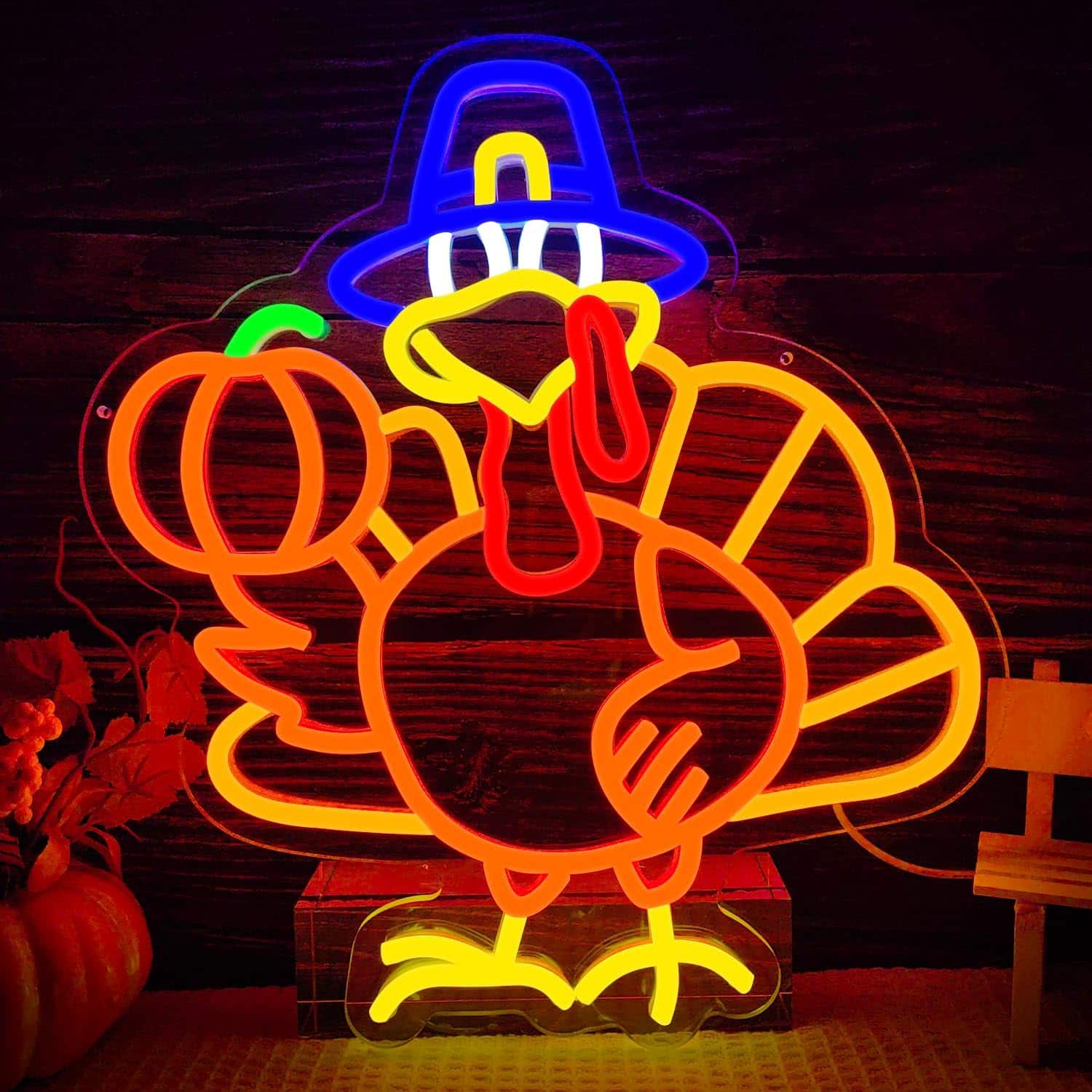 Auledio - Thanksgiving Turkey Neon Sign Thanksgiving Neon Sign dimmable Turkey Led Light Pumpkin Neon Light for Happy Thanksgiving - Multicolor