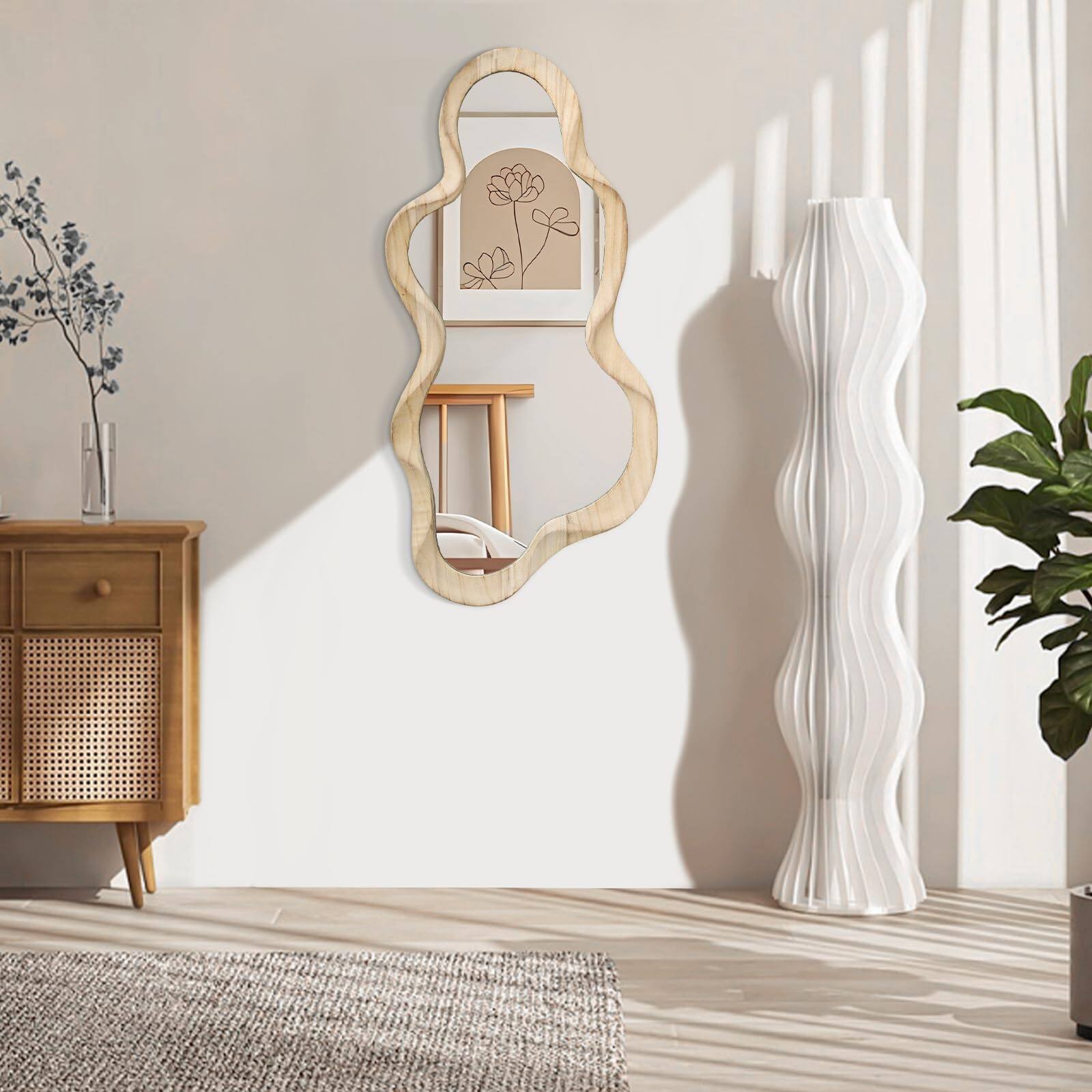 Alt View 2. Dapper Styles - Asymmetrical Mirror Large Irregular Wall Modern Wood Frame Artistic Mirrors Cute And Stylish Cloud Wavy Dec... - Vintage Brown-30"L x 14"W.