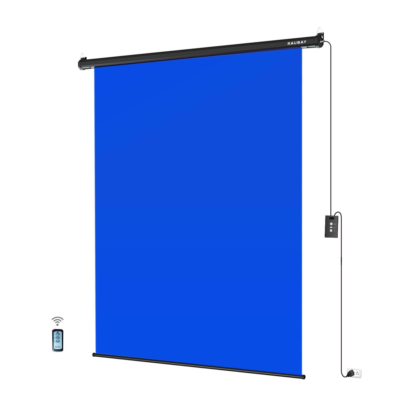 Front. RAUBAY - 5′ x 7.2′ Motorized Pull Down Blue Screen Collapsible Wall-Mount Background.