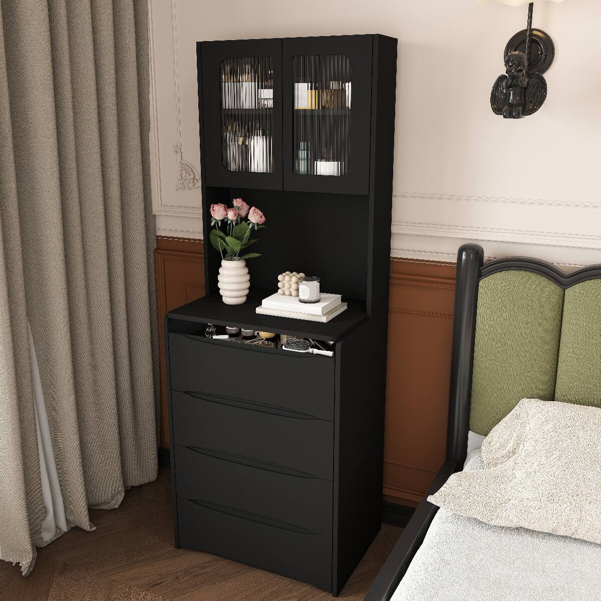 Left. Loheer - Loheer 3-in-1 Vanity Table with LED Mirror, Black Flip-Top Bedroom Storage and Cushioned Stool - Black.