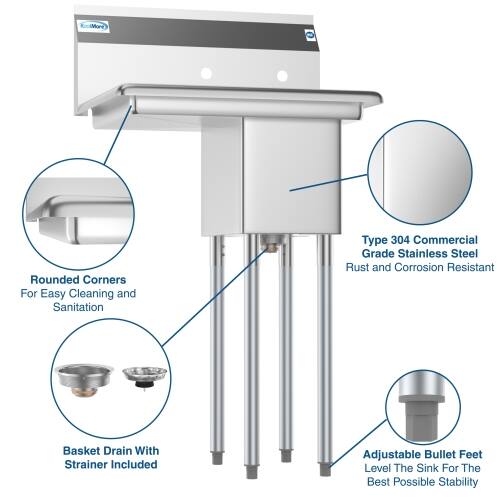 KoolMore Rounded Corners For Easy Cleaning and Sanitation  
Type 304 Commercial Grade Stainless Steel Rust and Corrosion Resistant  
Basket Drain With Strainer Included  
Adjustable Bullet Feet Level The Sink For The Best Possible Stability