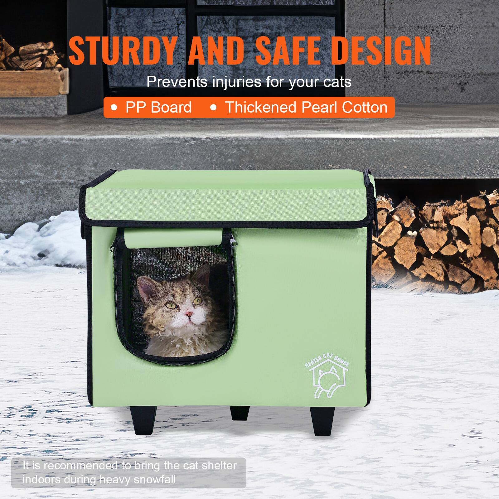STURDY AND SAFE DESIGN  
Prevents injuries for your cats  

- PP Board  
- Thickened Pearl Cotton  

It is recommended to bring the cat shelter indoors during heavy snowfall