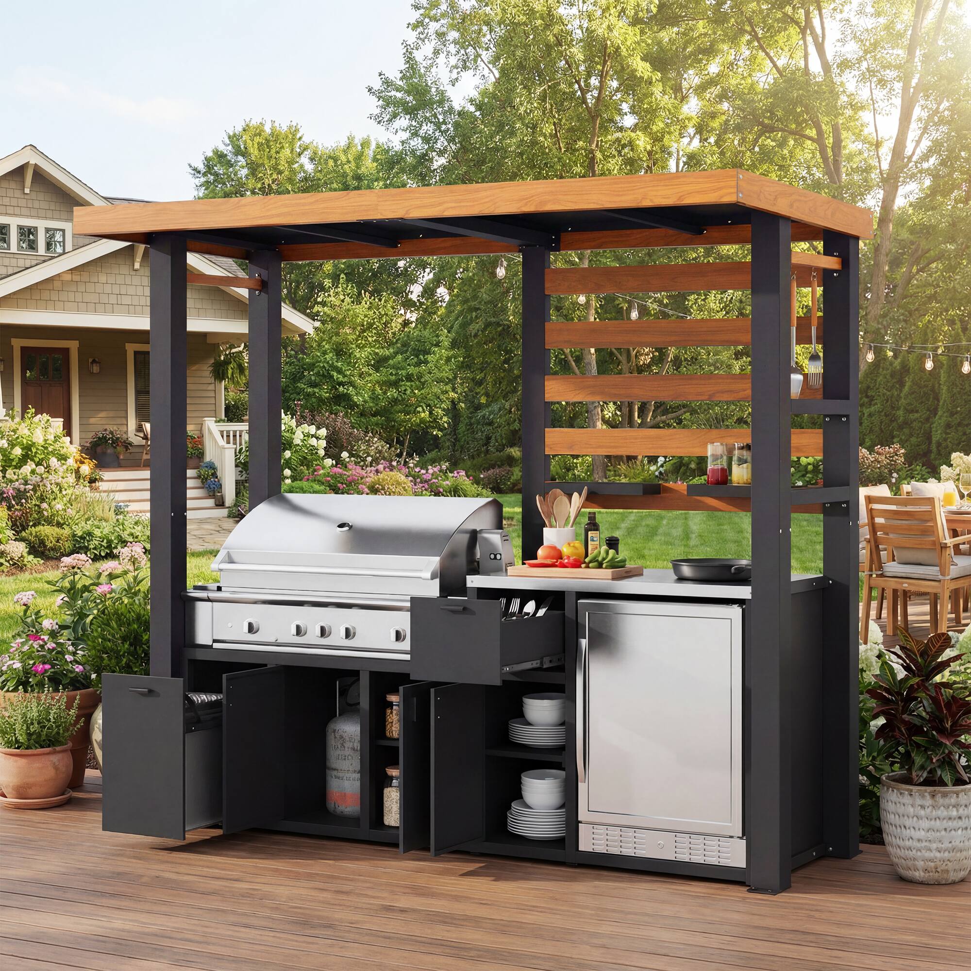 Alt View 1. Famapy - Heavy Duty Galvanized Steel Outdoor Grill Gazebo with Storage – Weatherproof BBQ Pavilion for Backyard Cooking - Wooden & Black.