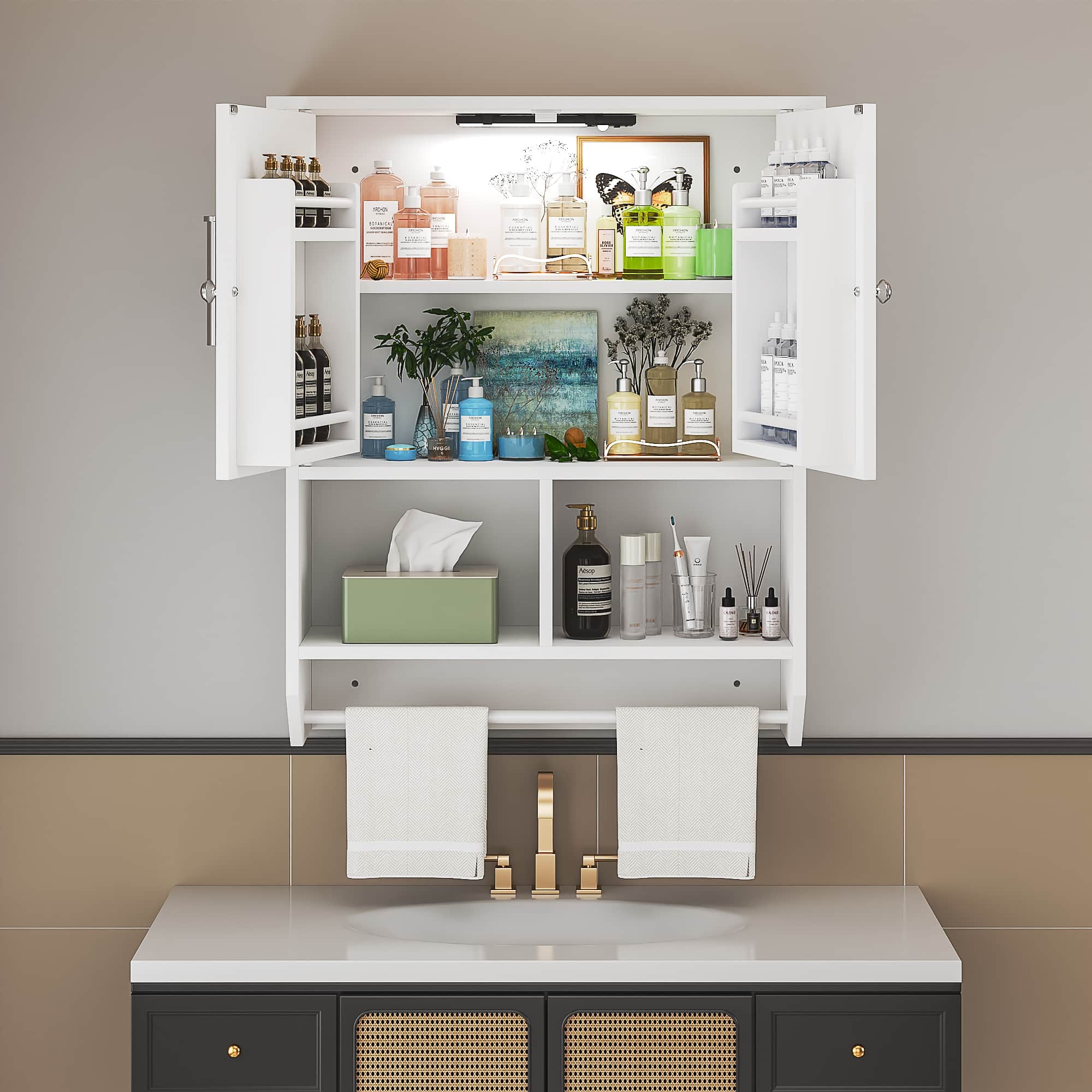 Vecelo - Bathroom Medicine Cabinet with Motion Sensor LED Light, Wall Mounted Storage Cabinet with Shelves - White