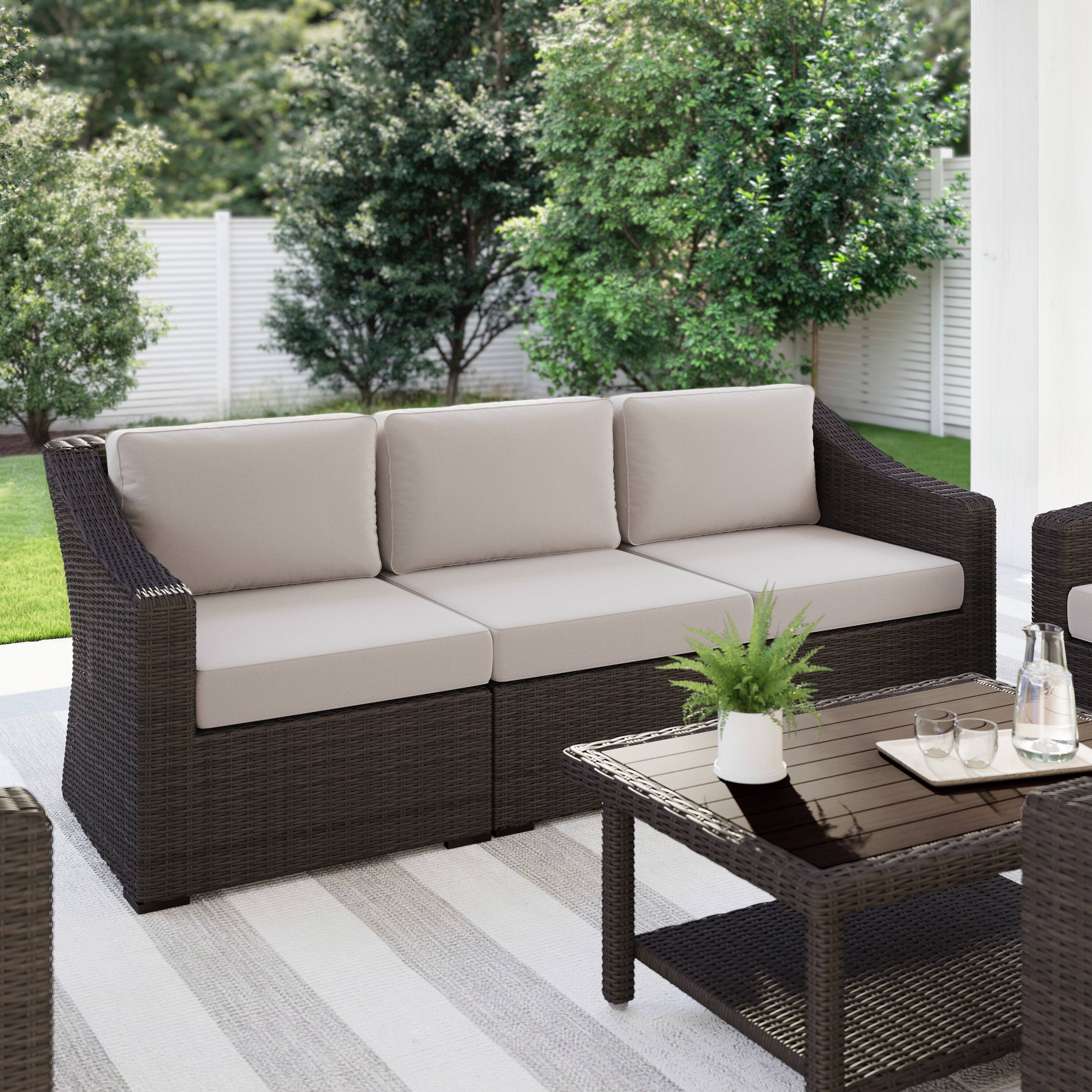 Alt View 1. Martha Stewart - Bedford Outdoor Modular Rattan Wicker Sofa with All-Weather Cushions - Tan Cushions/Brown Frame.