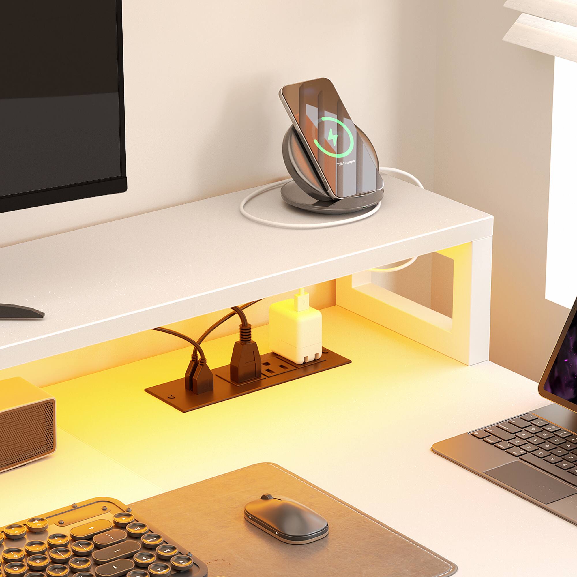 Alt View 1. Aheaplus - Reversible L Shaped Gaming/Office Desk with Power Outlet, File Drawer, Monitor Stand, LED Strip & Storage Shelf - White.