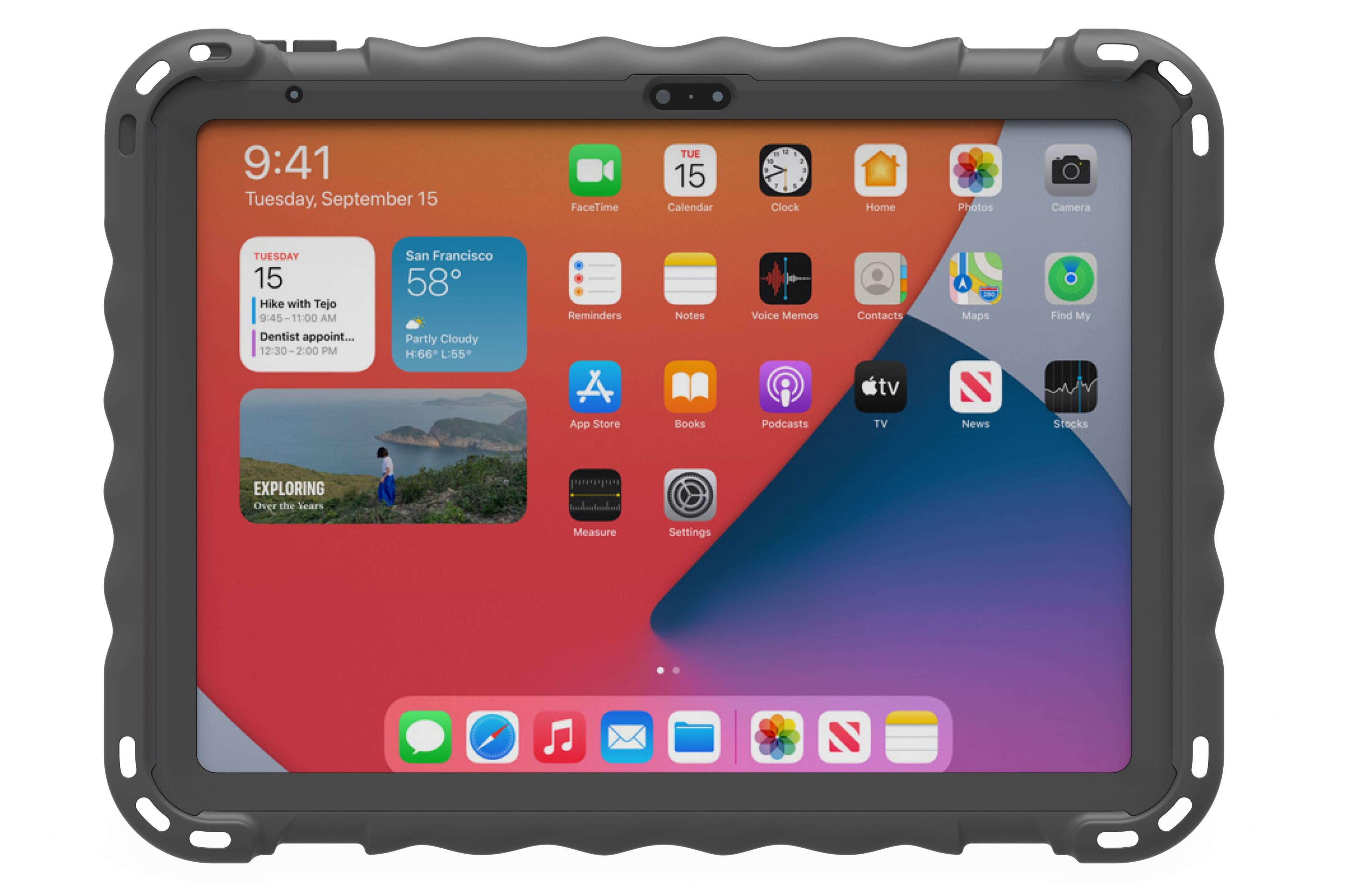 9:41 Tuesday, September 15

FaceTime Calendar Clock Home Photos Camera

TUESDAY 15

Hike with Tejo 9:45-11:00 AM

Dentist appointment 12:30-2:00 PM

San Francisco 58° Partly Cloudy H:66° L:55°

Reminders Notes Voice Memos Contacts TV Podcasts Books App Store Maps News Stocks

EXPLORING Over the years

Measure Settings

A PE