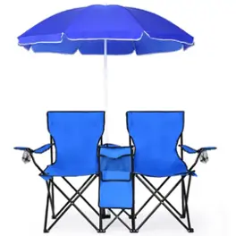 Costway - Portable Folding Picnic Double Chair W/Umbrella Table Cooler Beach Camping Chair - Blue