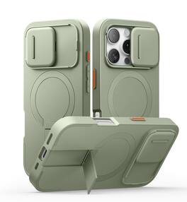 SURITCH - Bumper Case for iPhone 16 Pro with Camera Cover, Compatible with MagSafe, Kickstand, Shockproof Slim Protective Cover - Khaki Green