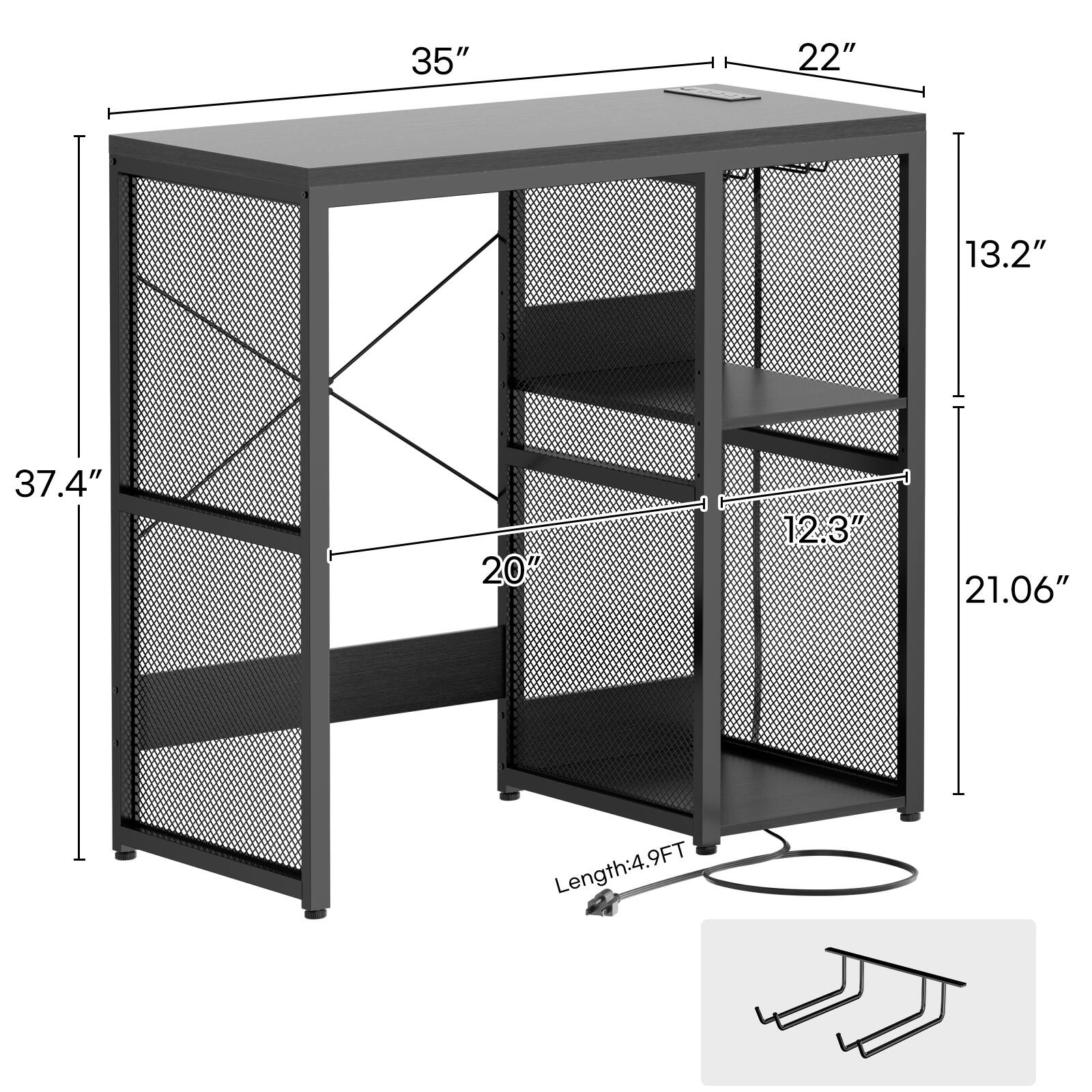 35" 22" 13.2" 37.4" 20" 12.3" 21.06"  
Length: 4.9 FT