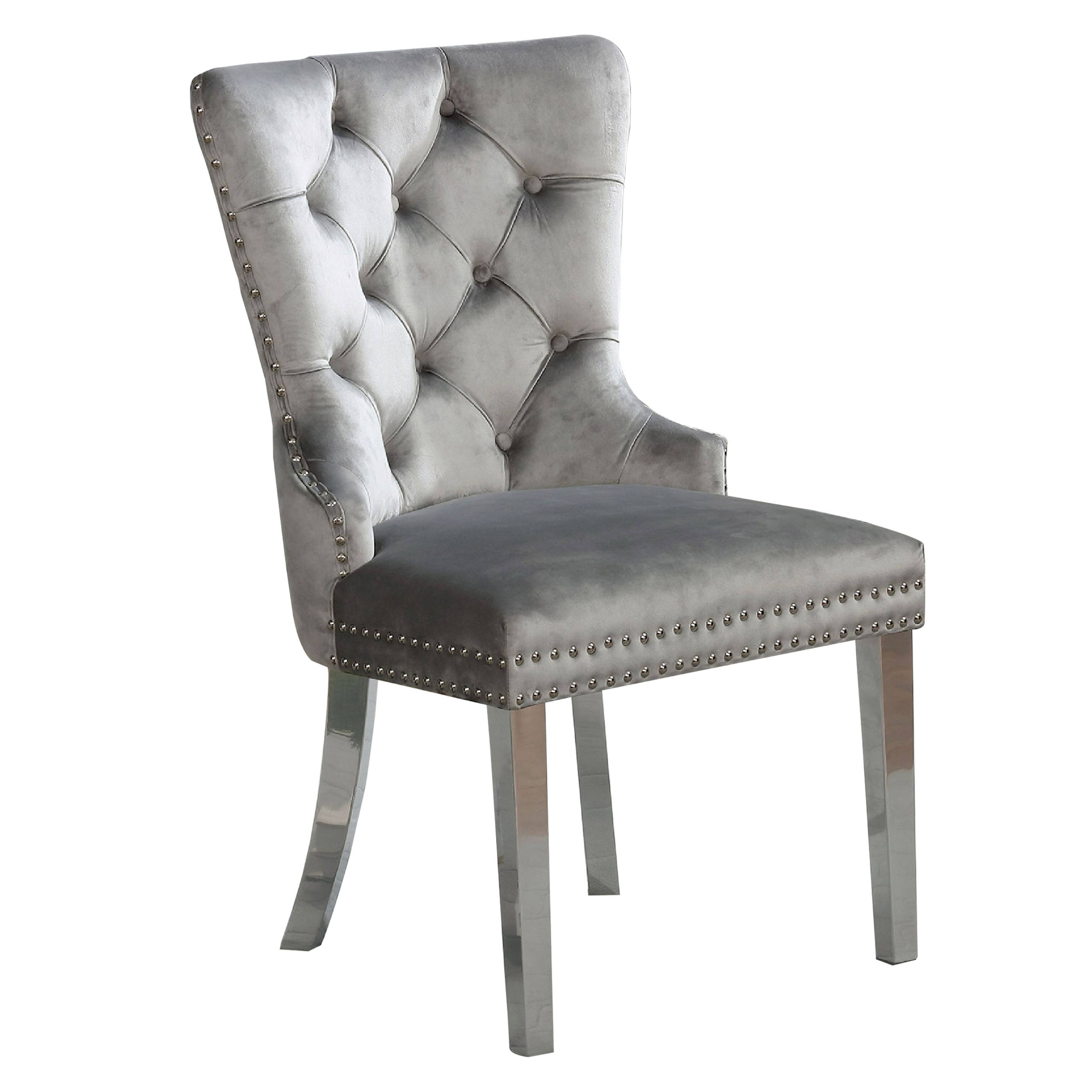 Alt View 1. Manhattan Lane - 24 Inch Dining Side Chair Set of 2, Tufted Silver Gray Fabric, Chrome legs - Gray, Chrome.