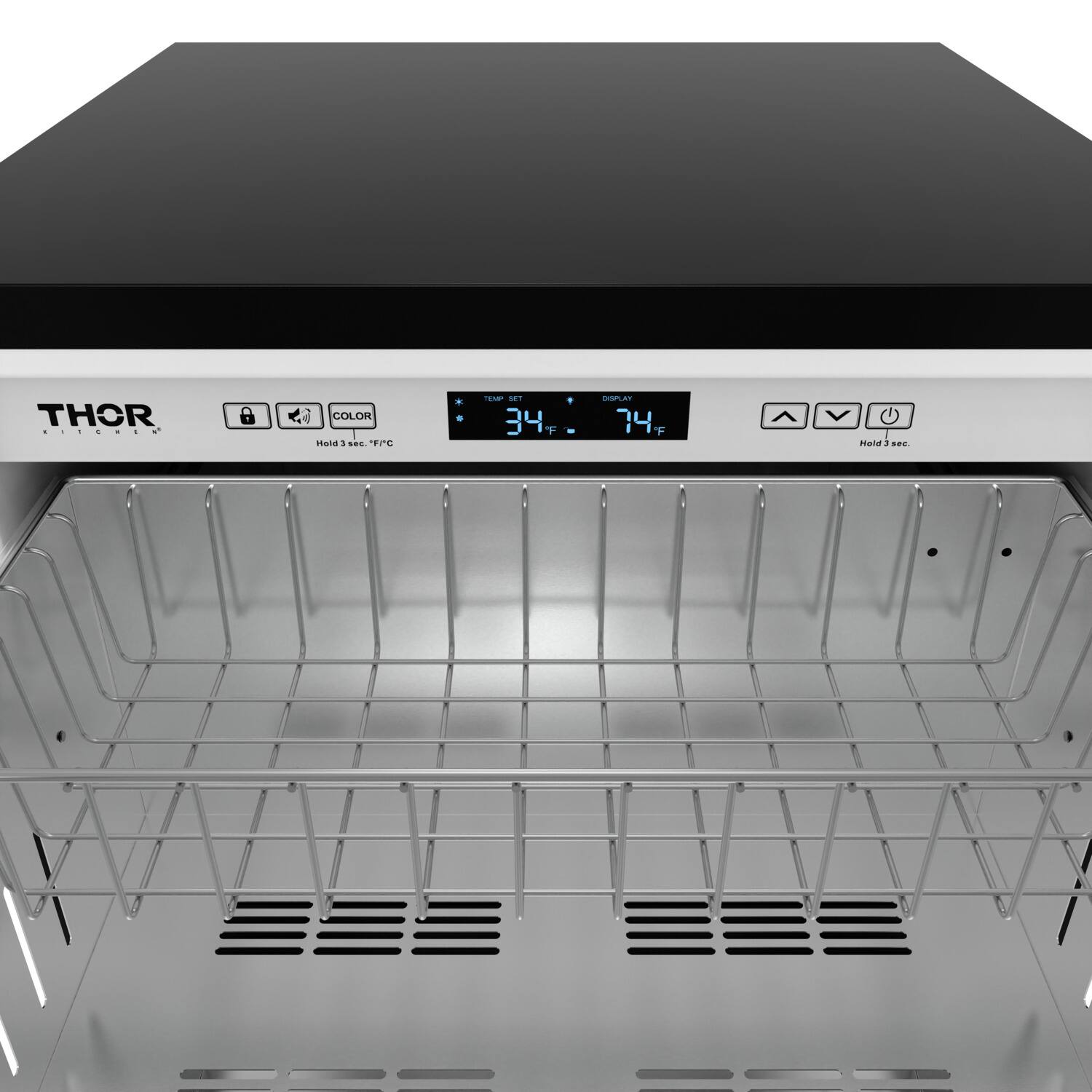 THOR KITCHEN

COLOR

TEMP SET 34°F

Hold 3 sec. "FFC"

DISPLAY 74°F

Hold 3 sec.