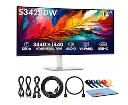 Dell - S3425DW 34" WQHD Curved Monitor, 3440x1440 USB-C Display Bundle - Black