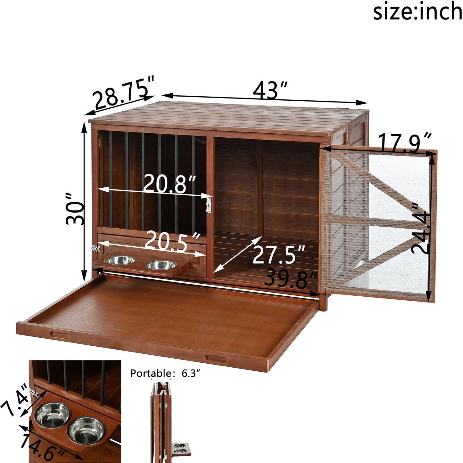 size: inch  
28.75" 20.8" 30" 20.5" 43" 27.5" 39.8" 17.9" 24.4" 7.4" 4.6"  
Portable: 6.3"