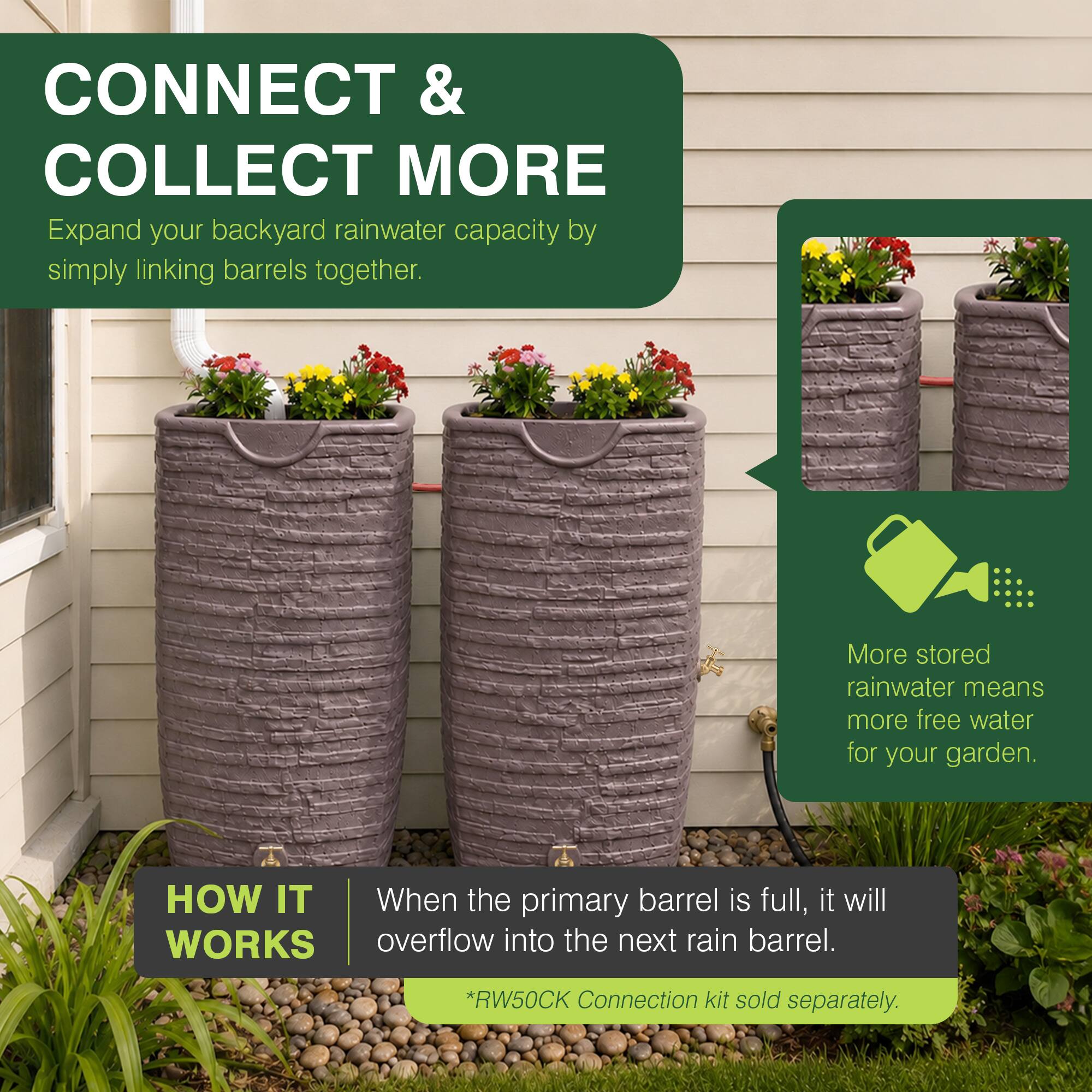 CONNECT & COLLECT MORE  
Expand your backyard rainwater capacity by simply linking barrels together.  

HOW IT WORKS  
When the primary barrel is full, it will overflow into the next rain barrel.  
*RW50CK Connection kit sold separately.  

More stored rainwater means more free water for your garden.