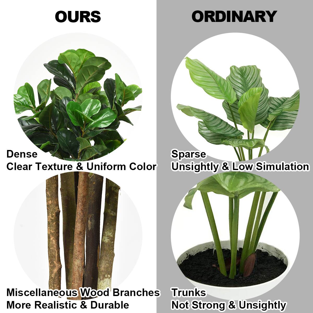 **OURS**

- Dense
- Clear Texture & Uniform Color
- Miscellaneous Wood Branches
- More Realistic & Durable

**ORDINARY**

- Sparse
- Unsightly & Low Simulation
- Trunks
- Not Strong & Unsightly