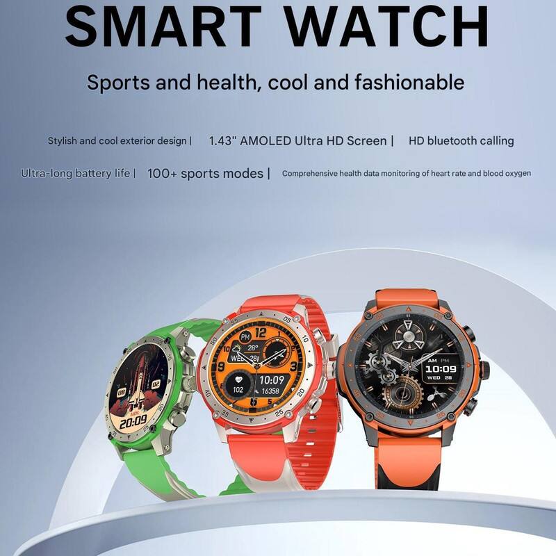 SMART WATCH  
Sports and health, cool and fashionable  

Stylish and cool exterior design | 1.43" AMOLED Ultra HD Screen | HD bluetooth calling  
Ultra-long battery life | 100+ sports modes | Comprehensive health data monitoring of heart rate and blood oxygen