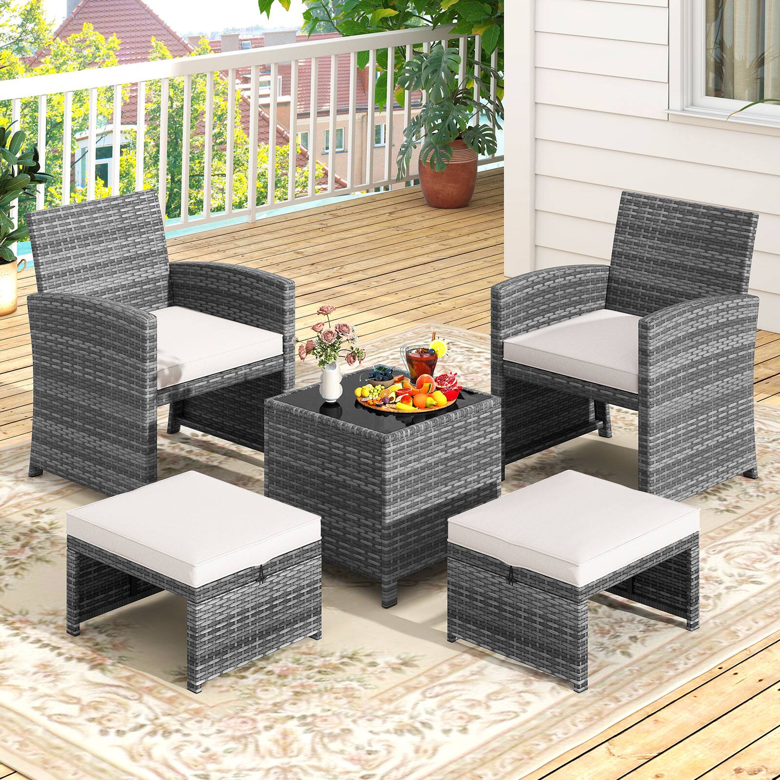 Alt View 4. Costway - Costway 5 Pieces Patio Furniture Set PE Wicker Outdoor Lounge Chairs with 2 Ottomans - White.