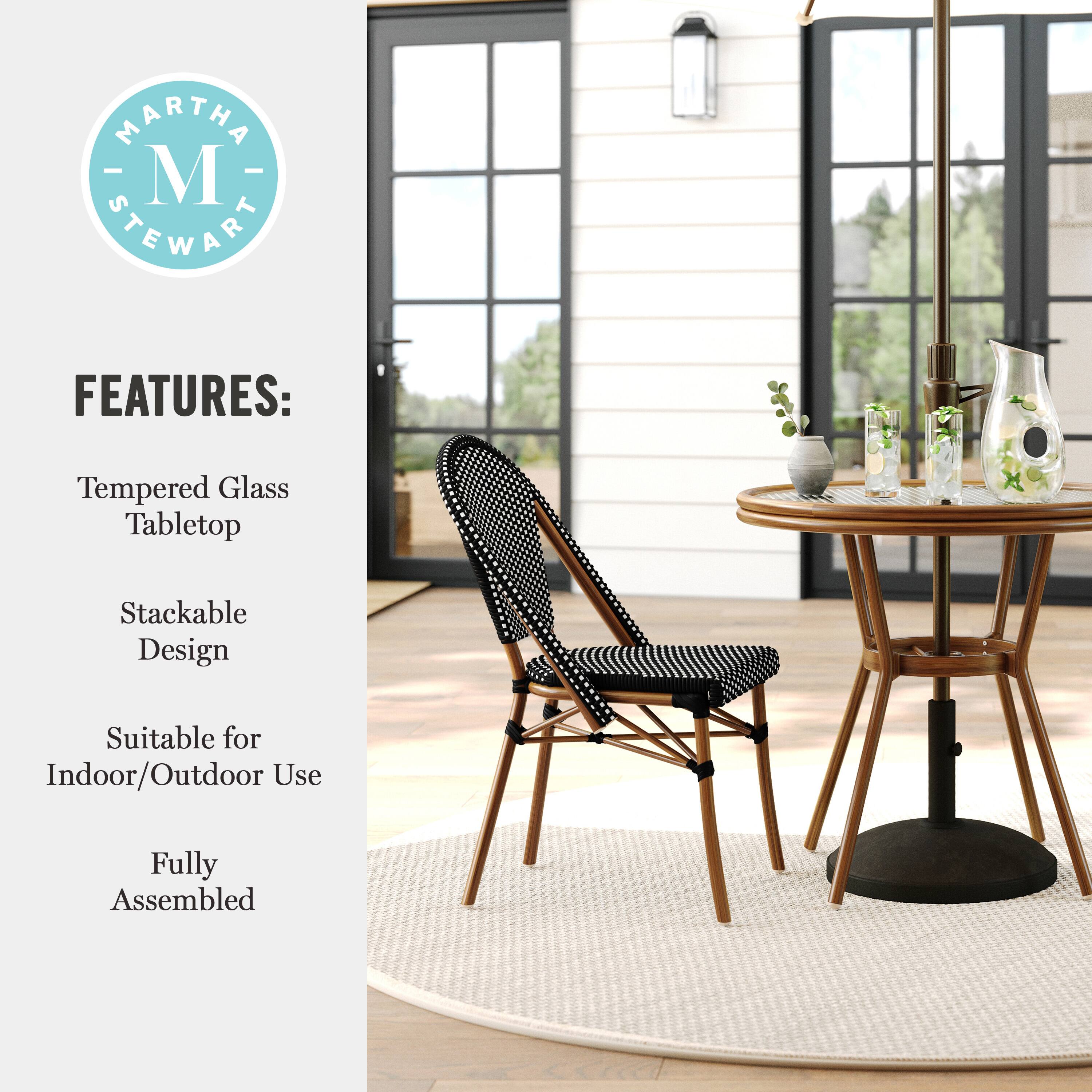 MARTHA STEWART FEATURES: Tempered Glass Tabletop, Stackable Design, Suitable for Indoor/Outdoor Use, Fully Assembled.