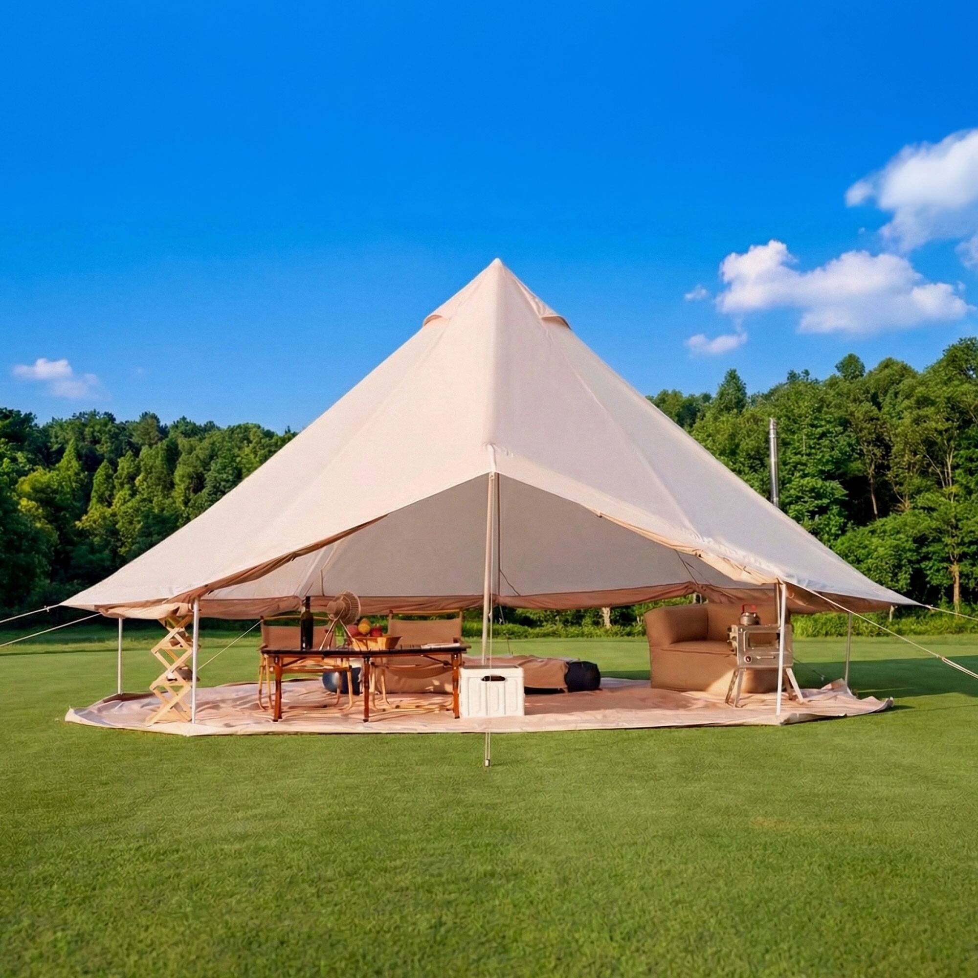 Left. Anysun - 4 Season Bell Tent 16.4 FT – Waterproof Family Camping Tent with Stove Jack, Fits 10 People, Outdoor Parties & Camping - Beige.