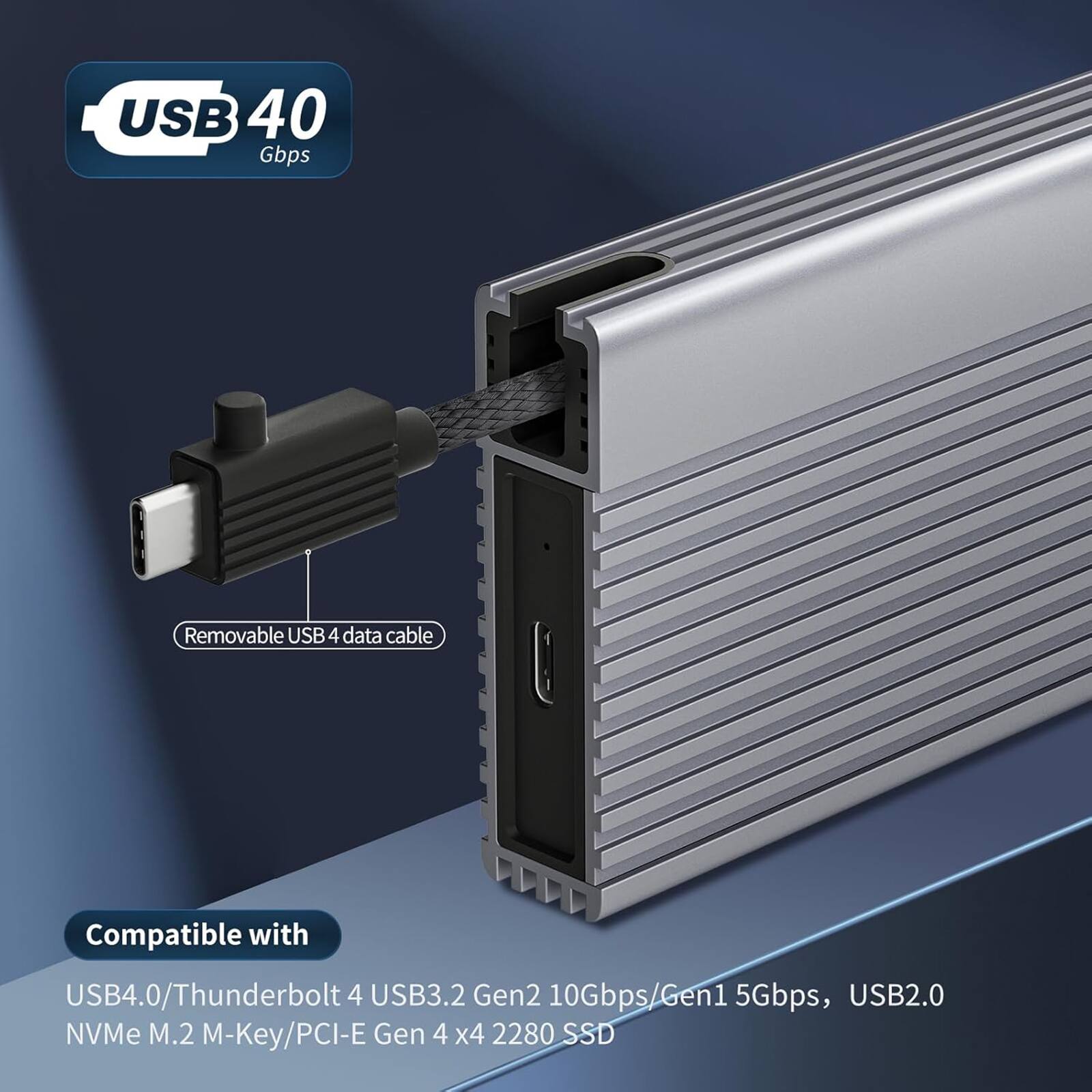 The text on the image reads: "USB 40 Gbps Removable USB 4 data cable Compatible with USB4.0/Thunderbolt 4 USB3.2 Gen2 10Gbps/Gen1 5Gbps, USB2.0 NVMe M.2 M-Key/PCI-E Gen 4 x4 2280 SSD."