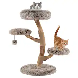 Costway - Modern Cat Tree with Pear Wood Trunks Scratching Posts Soft Long Plush Fabric - Brown