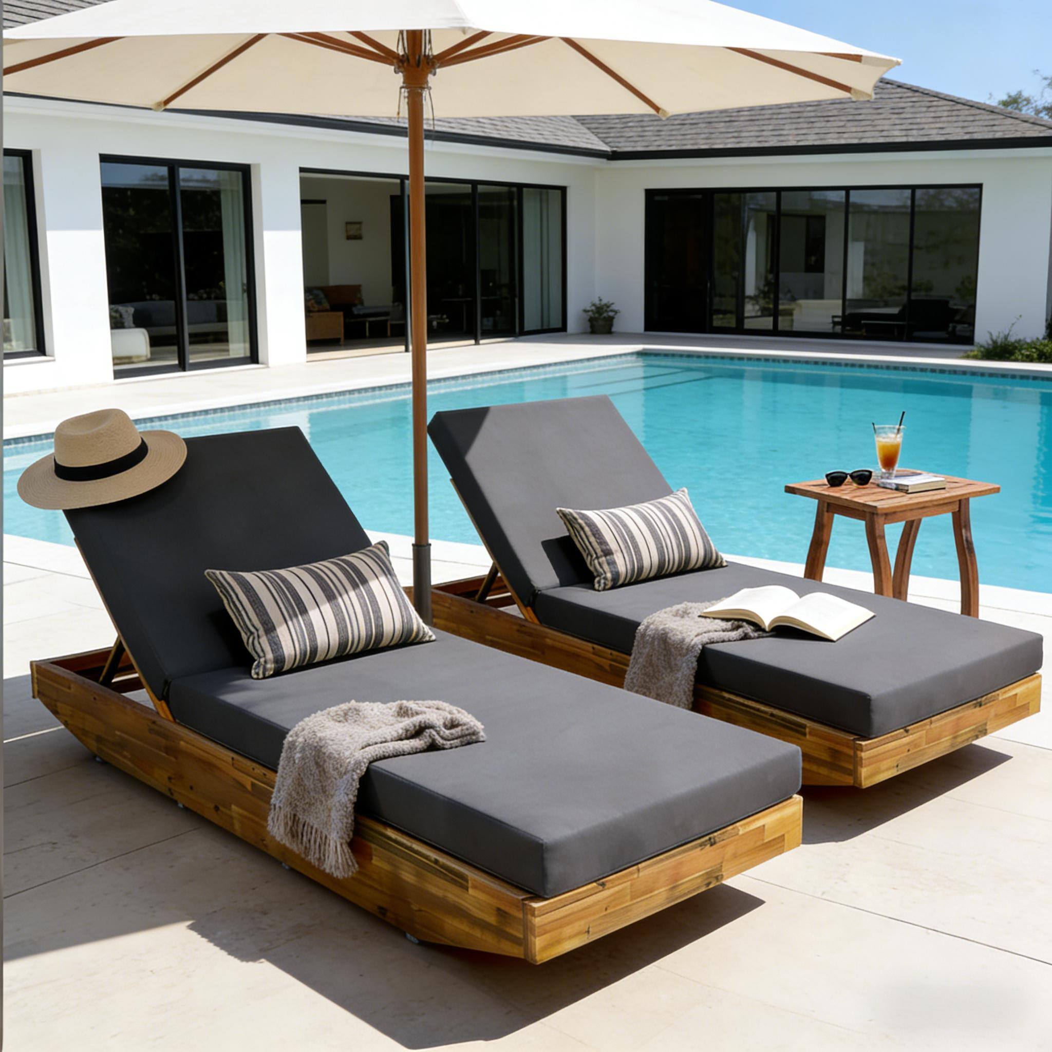 Back. Anysun - Anysun Teak Finish Outdoor Recliner with Water-Repellent Cushion, Assembly Required - Dark Gray.