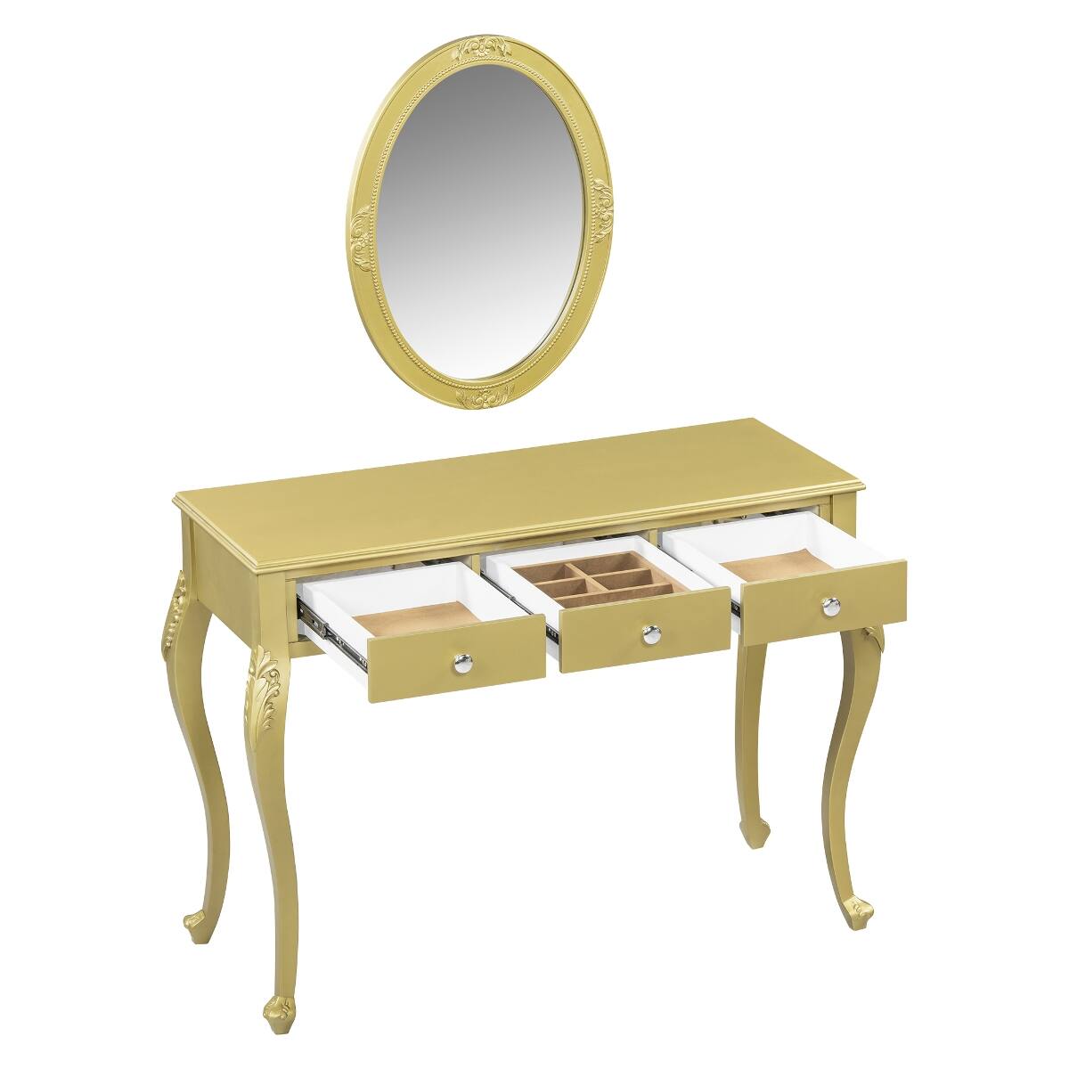 Alt View 3. Loheer - Loheer Gold Makeup Vanity Desk with Oval Mirror and Three Drawers - Gold.