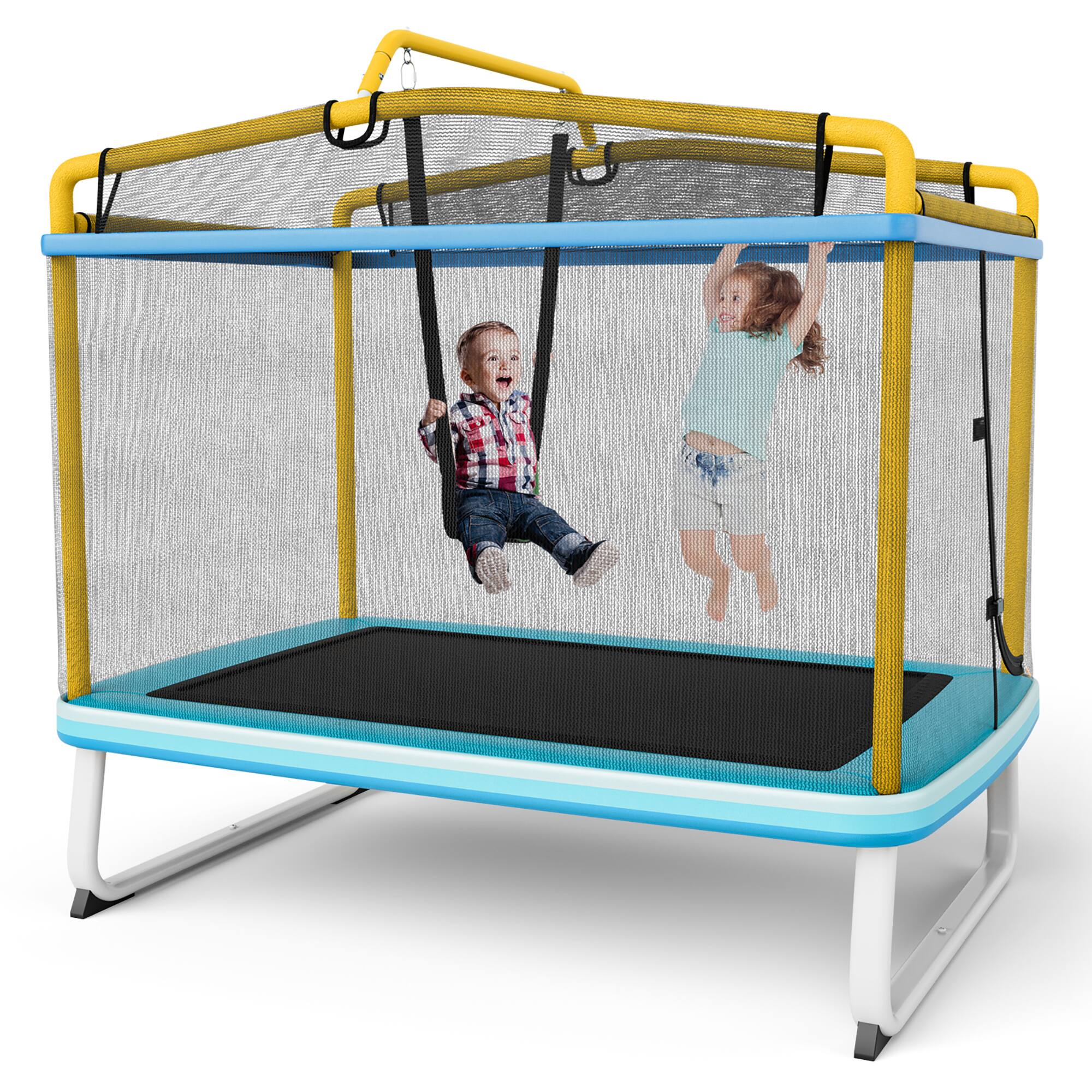 Front. Gymax - Gymax 3-in-1 6FT Rectangle Kids Trampoline w/ Swing Horizontal Bar & Safety Net Outdoor Yellow - Blue,Yellow.