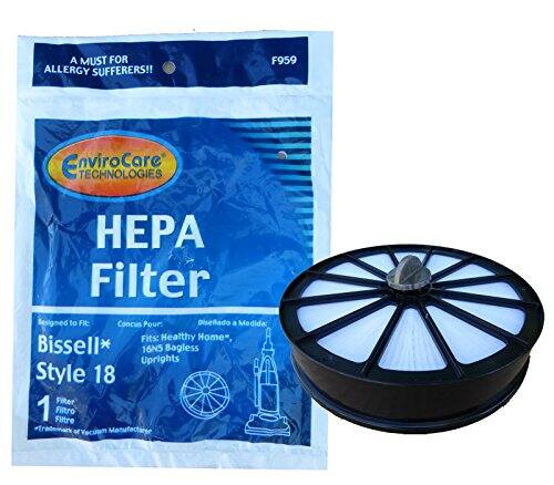 A MUST FOR ALLERGY SUFFERERS!!  
F959  
EnviroCare Technologies  
HEPA Filter  

Designed to Fit:  
Bissell* Style 18  
1 Filter  

Cinca Pour:  
Fits Healthy Home Bissell* 16N5 Bagless Uprights  

Diseñado a Medida:  
Fits Healthy Home Bissell* 16N5 Bagless Uprights  

Filtre:  
Filtro  
Vacuum