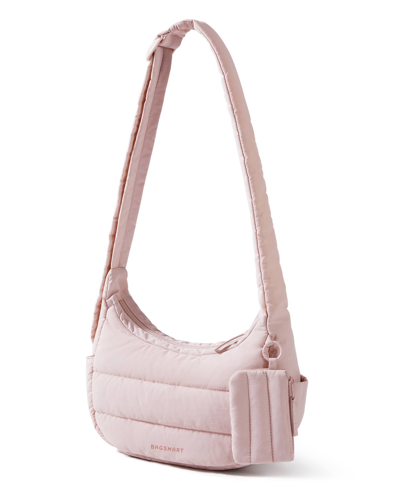 Angle. Bagsmart - Compact Puffer Crossbody Hobo Bag, 3-Way Carry Sling with Expandable Water Bottle Pocket for Travel & Daily Use - Pink.