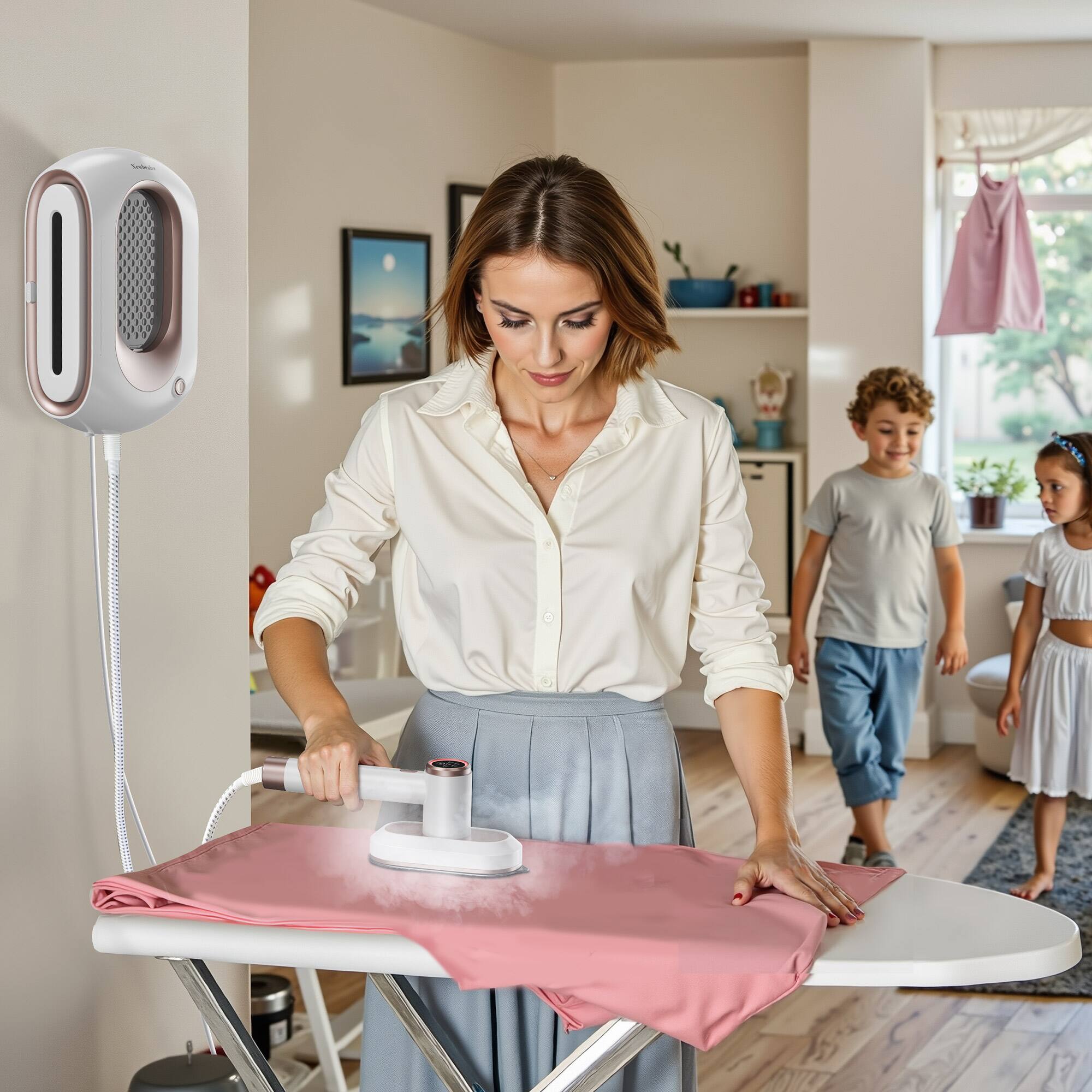 Back. Newbealer - Full-Size Garment Steamer,1550W Steam Iron,3 Temp Levels, 1.2L Detachable Tank, Self-Cleaning - Pearl White.