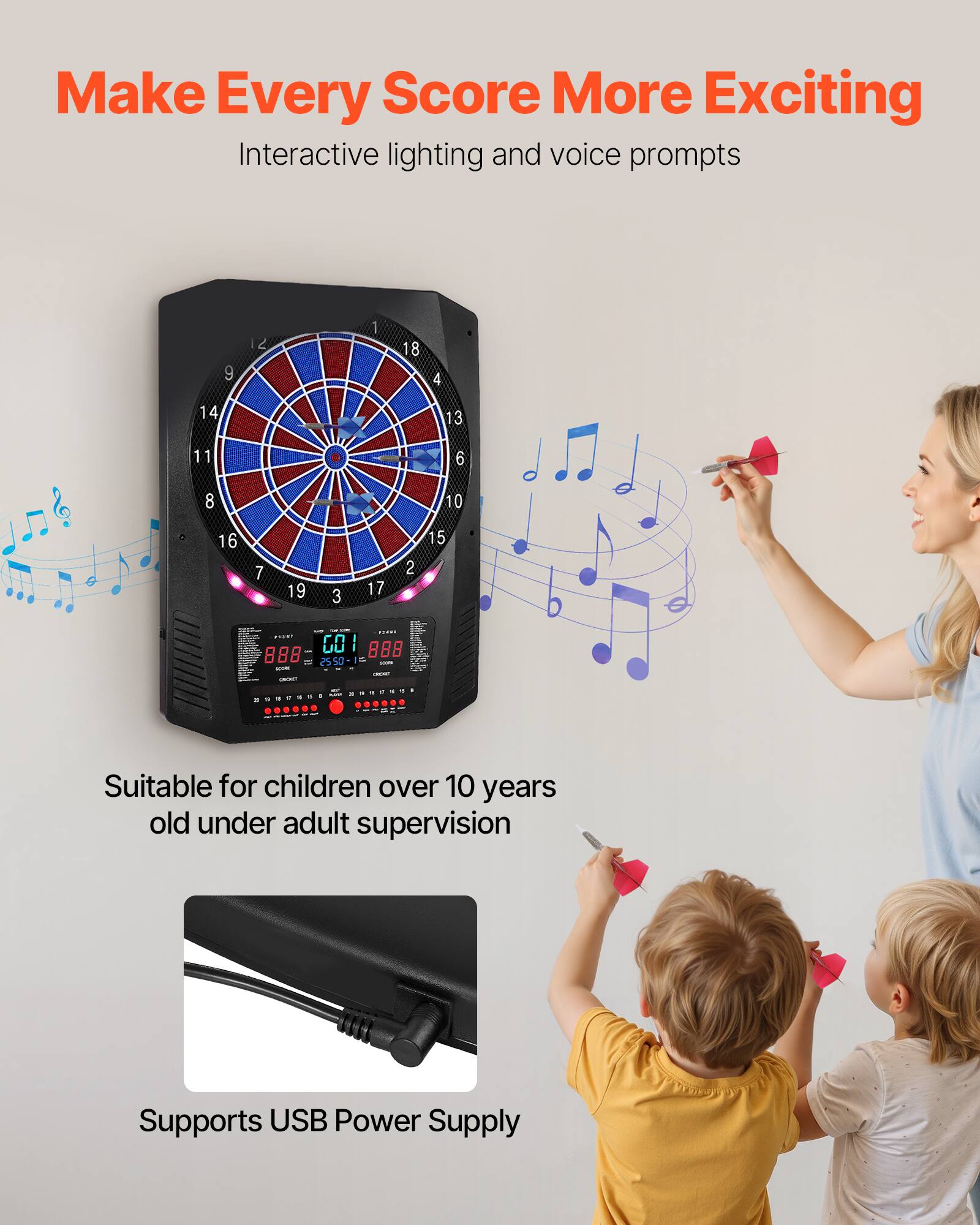 Make Every Score More Exciting  
Interactive lighting and voice prompts  

Suitable for children over 10 years old under adult supervision  

Supports USB Power Supply