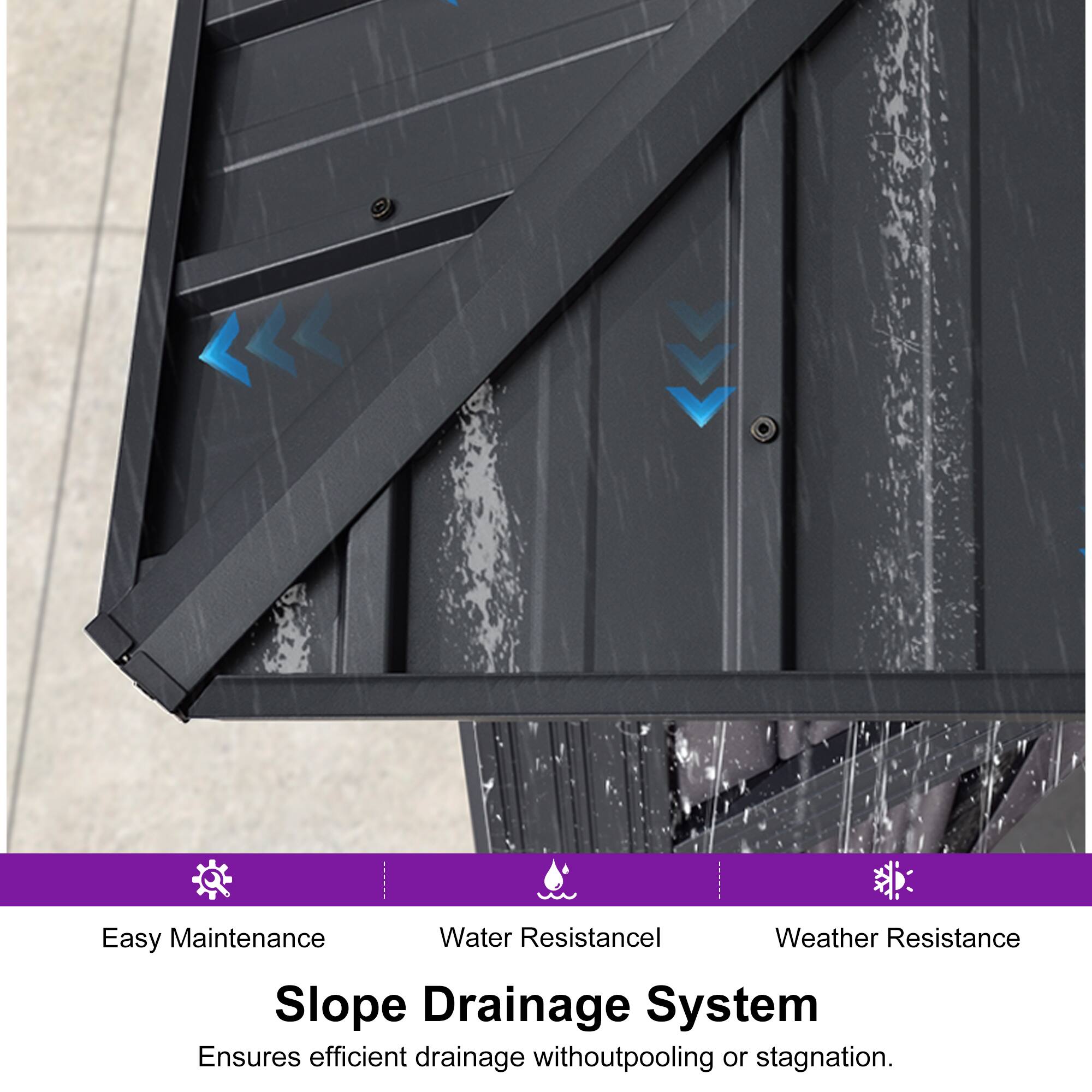 Easy Maintenance  
Water Resistance  
Weather Resistance  

Slope Drainage System  
Ensures efficient drainage without pooling or stagnation.